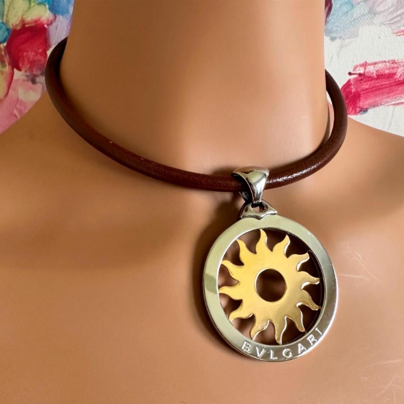Bulgari Tondo Sun 18k Gold & Steel Extra Large Pendant Necklace with Brown Leather Strap - Luxury Jewelry for Women, Perfect for Parties & Special Occasions