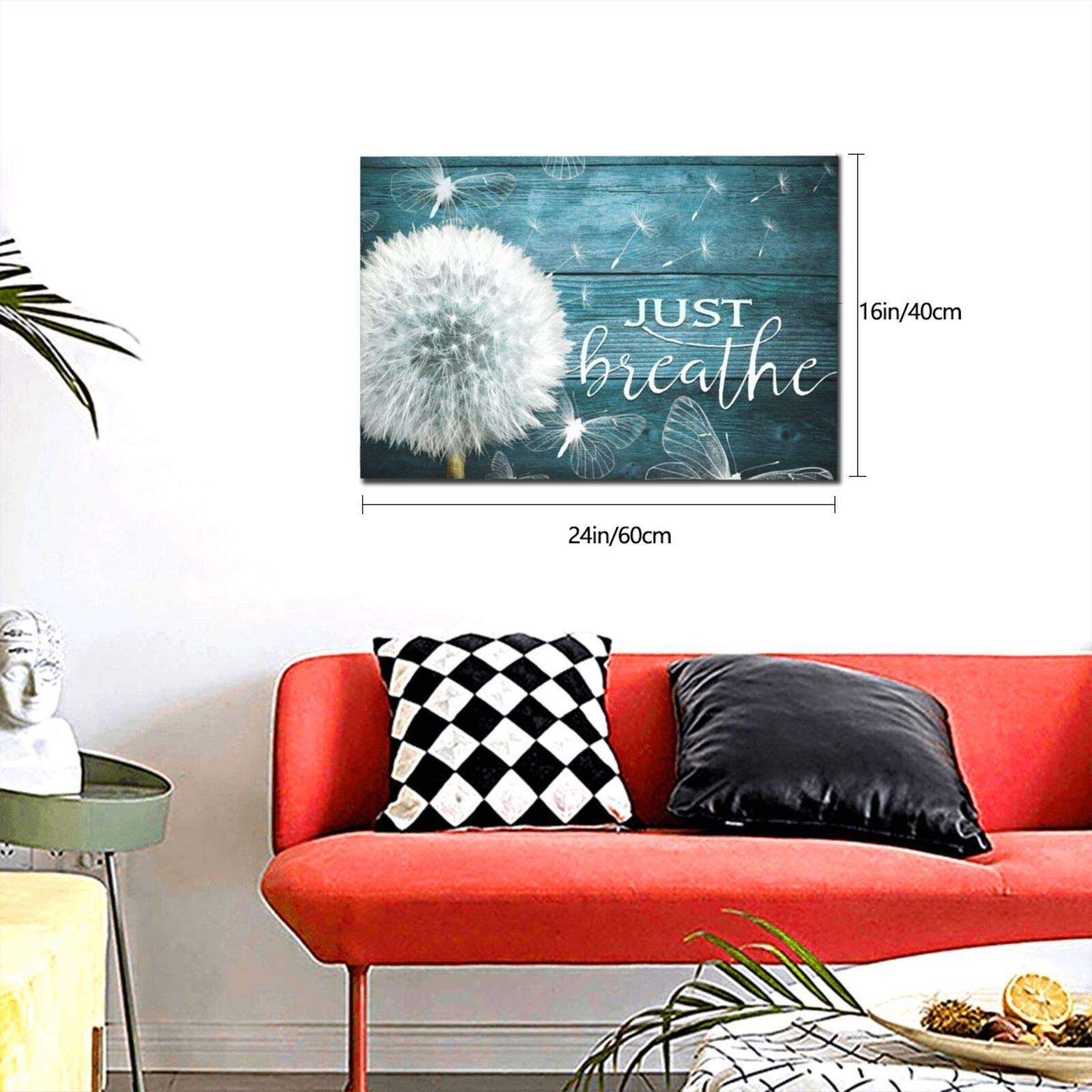BOLDROLE Just Breathe Teal Dandelion Canvas Wall Art - 16x24 Inch Framed Ready to Hang Floral Print for Living Room, Bathroom, Bedroom & Office Decor - Perfect for Home, Spa or Meditation Space