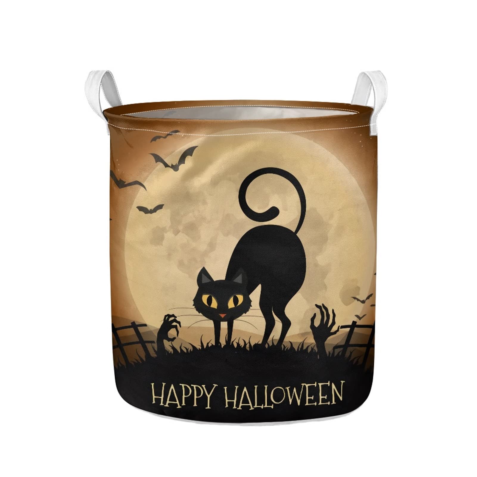 Happy Halloween Dirty Clothes Hamper - Black Cat & Bats Design Collapsible Canvas Laundry Basket for Bedroom | Moon Night Storage Bin for Toys & Clothes Organization | Perfect for Halloween Decor & Kids Room Storage