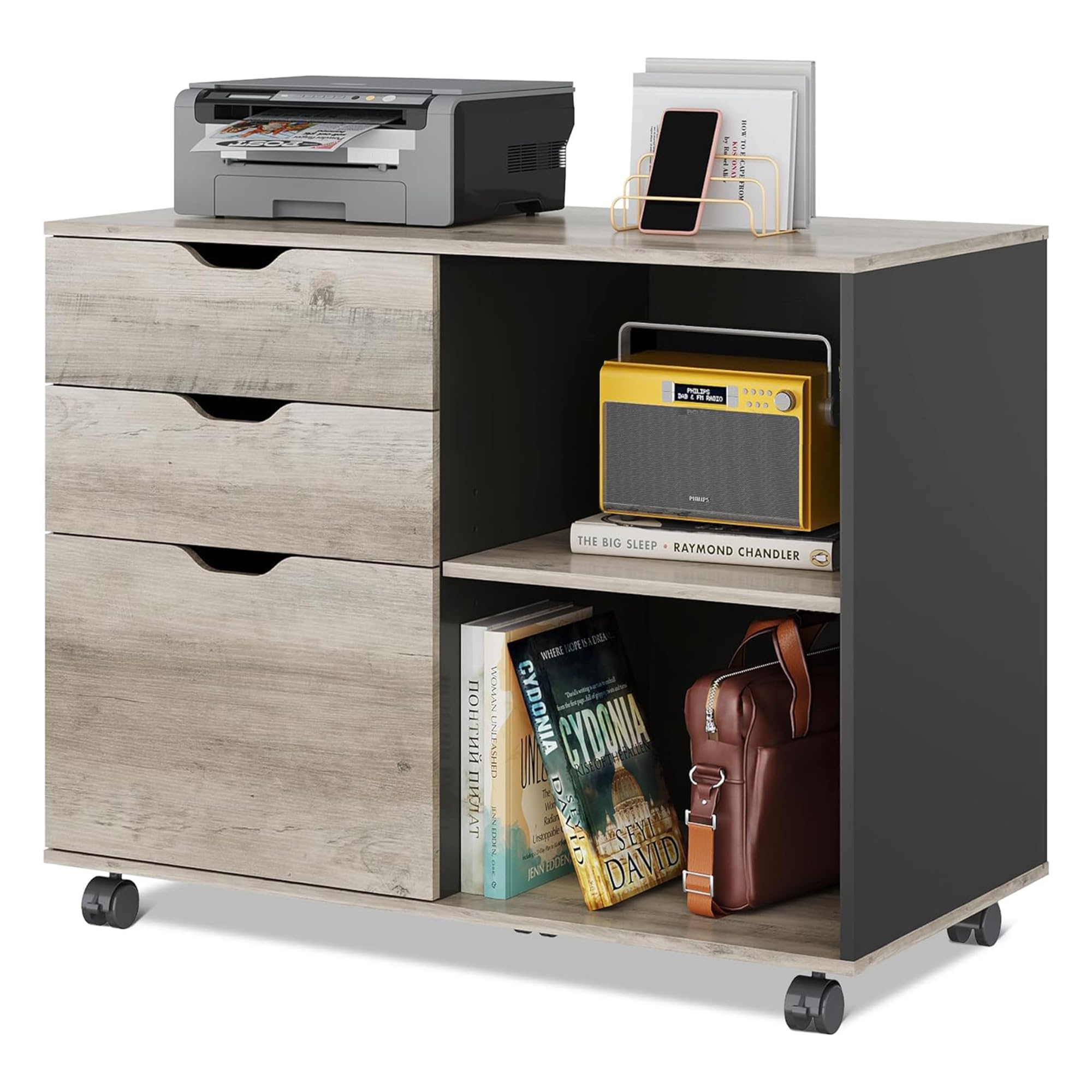 DEVAISE 3-Drawer Wood File Cabinet - Mobile Lateral Filing Cabinet with Open Storage Shelves - Printer Stand for Home Office Organization - Greige Finish - Perfect for Small Spaces & Office Storage Solutions