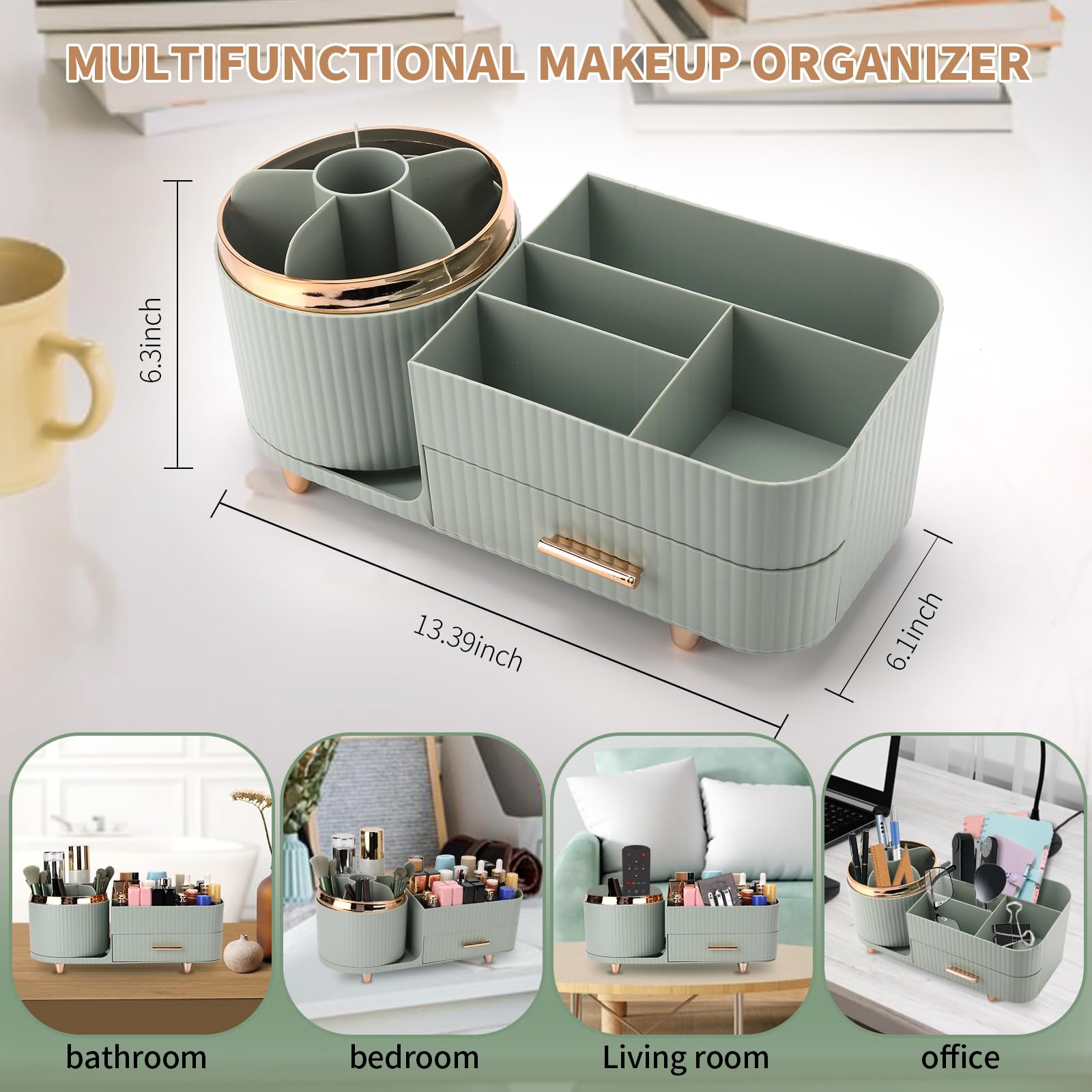 Beborxue 360° Rotating Makeup Organizer with Drawers - Large Capacity Cosmetic Storage Case for Lipstick, Skincare, Brushes & Eyeshadow | Vanity Organizer for Bathroom, Bedroom & Dressing Table (Green)