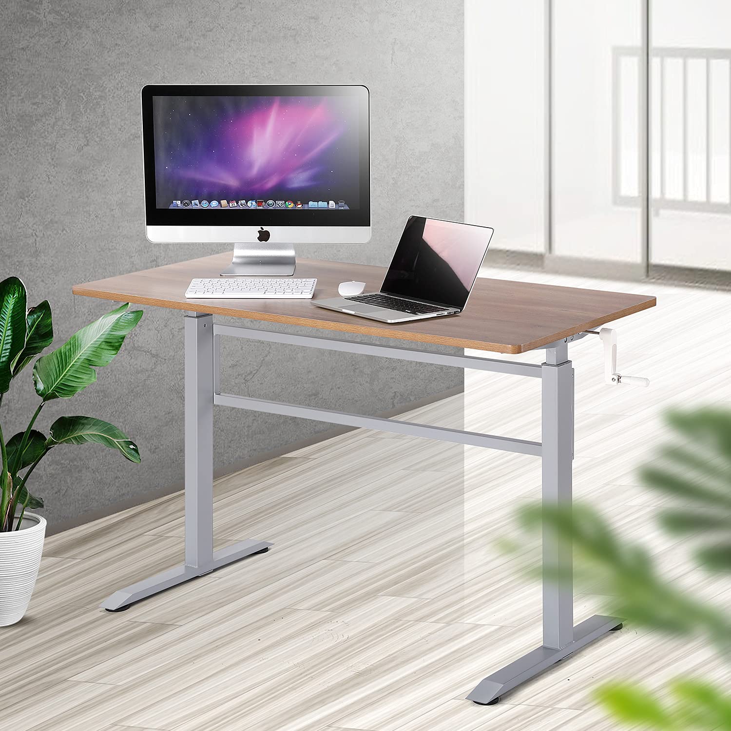 UNICOO Manual Standing Desk - Adjustable Height Heavy Duty Gaming & Computer Desk with Crank Mechanism & Headphone Hook, 48 x 24 Inches (SYK01-Grey Oak) - Perfect for Home Office, Gaming Setup & Workspace Ergonomics
