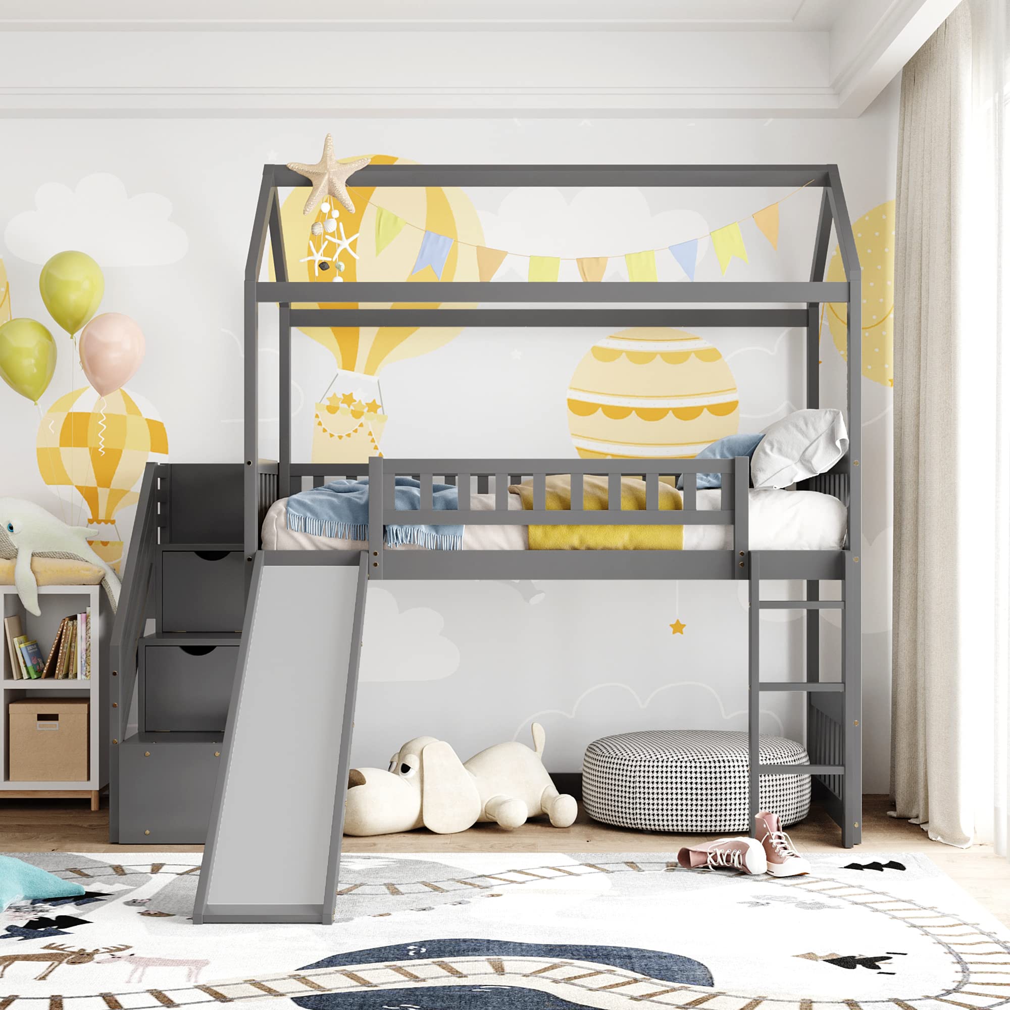 Wooden Twin Loft Bed with Stairs and Slide - Kids Playhouse Bed with Storage Drawers for Boys & Girls - No Box Spring Needed (Twin Size, Gray) - Perfect for Small Bedrooms, Playrooms & Kids' Sleepovers