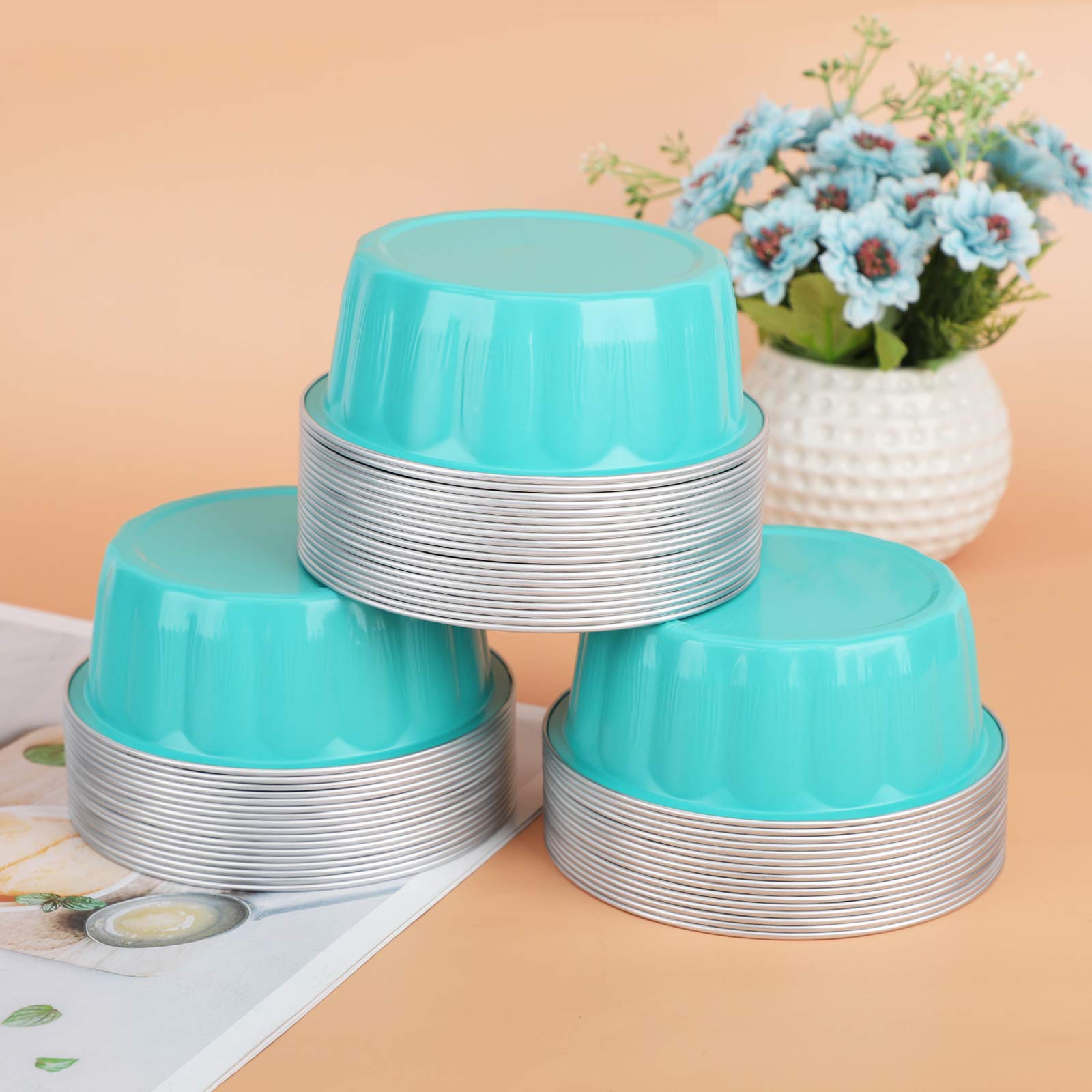 Beasea 50 Pack 8 oz Disposable Aluminum Ramekins with Lids - Elegant Blue Foil Baking Cups for Creme Brulee, Muffins, Cupcakes & Mini Puddings - Perfect for Parties, Weddings, Birthdays & Home Baking