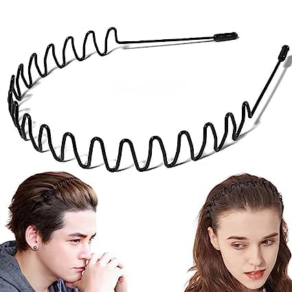 BELICIA Unisex Metal Elastic Non-Slip Wavy Spring Hair Hoops - 6 Pack Sports Hair Bands for Men & Women (Black) | Gym, Running, Yoga & Everyday Wear