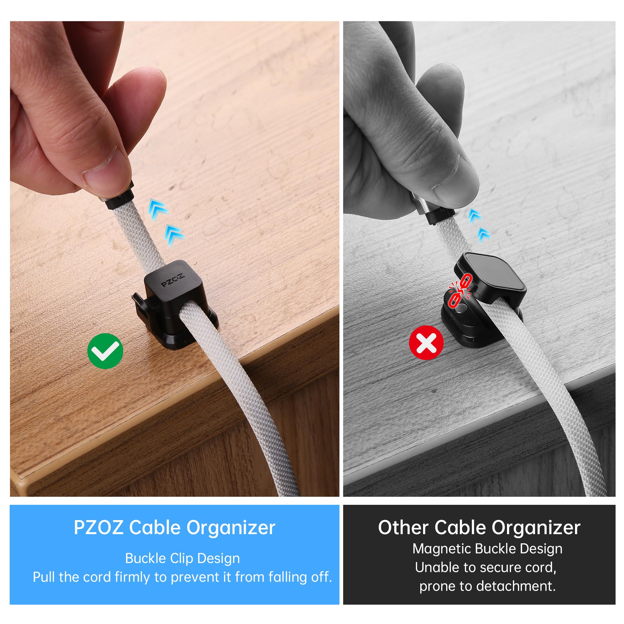 PZOZ 6 Pack Cord Organizer - Adhesive Cable Clips for USB Charger & Wire Management - Black Cable Holder for Desk, Car, Wall & Nightstand - Perfect for Home Office & Phone Charging Organization
