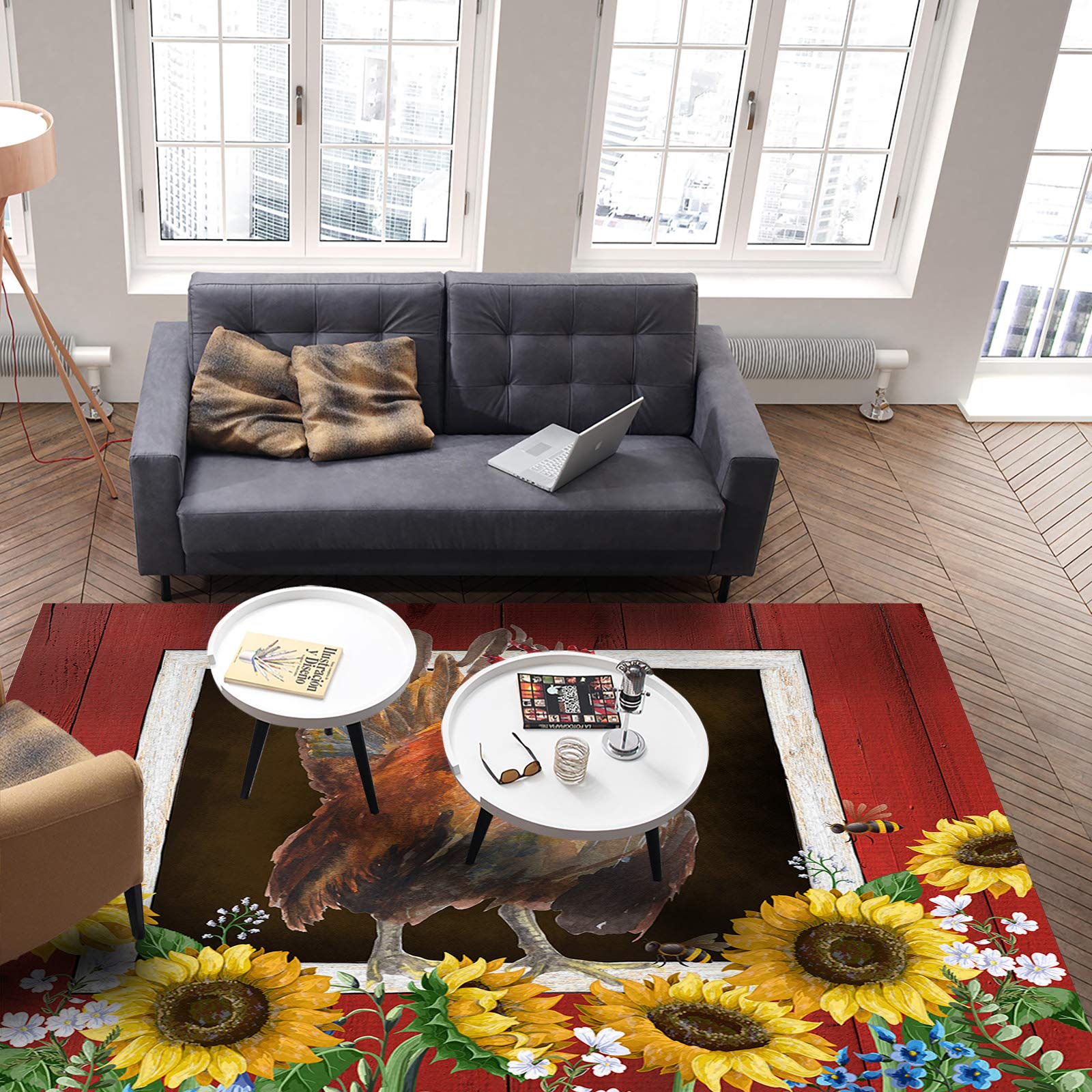 Soft Fluffy Area Rug 4'x6' - Non-Slip Farmhouse Sunflower Carpet for Living Room, Bedroom, Dining Room - Cozy Home Decor Floor Mat for Farmhouse & Boho Style Interior Design