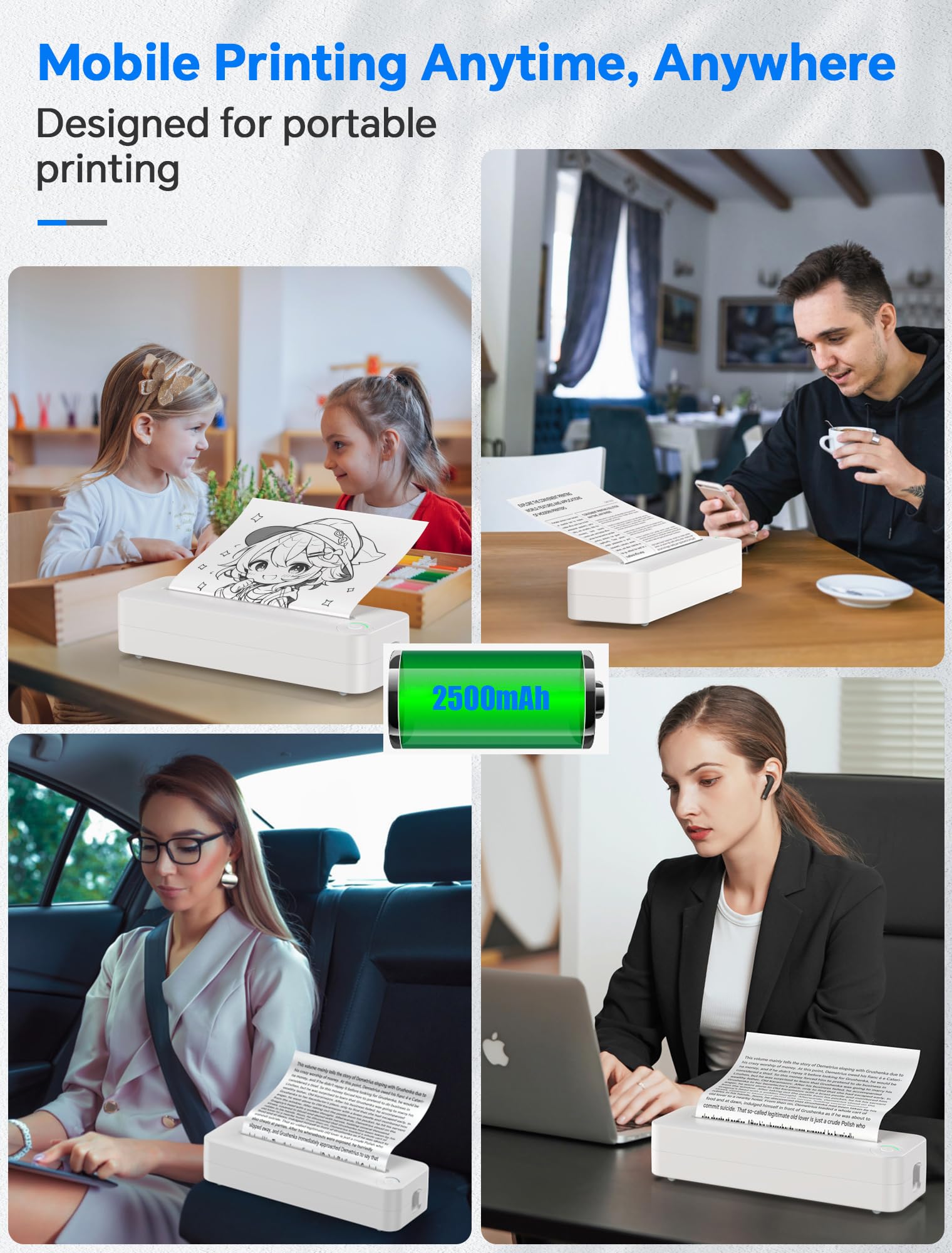 Relassy Portable Wireless Bluetooth Thermal Printer - Inkless A4 Paper Printer for Android iOS Phones & Laptops | Compact Travel Printer for Home, Office, School, Business & On-the-Go Printing Needs