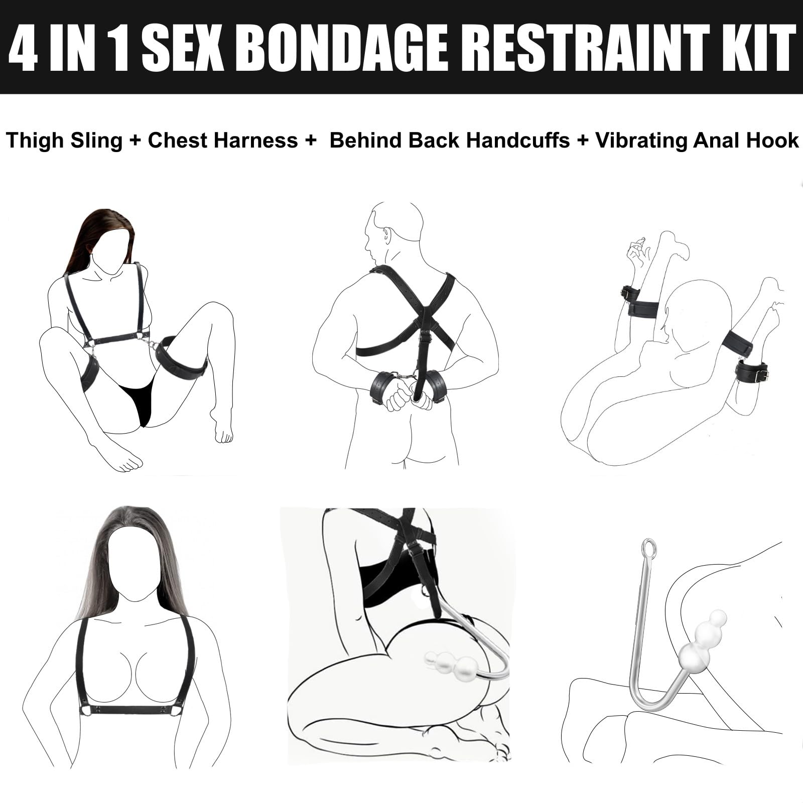 Vibrating Anal Hook BDSM Bondage Kit - 9 Vibration Modes, Thigh Sling, Chest Harness & Handcuffs with 3-Ball Anal Trainer - Unisex SM Fetish Toys for Couples - Perfect for Spicing Up Bedroom Play & BDSM Exploration