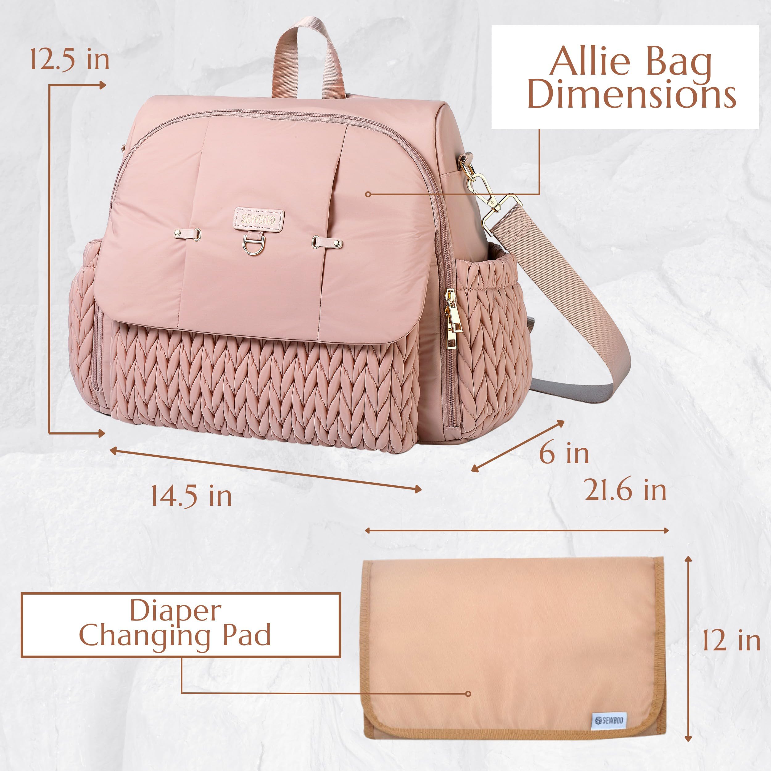 SEWBOO Allie Stylish Diaper Backpack - Insulated Baby Bag with Changing Pad & Stroller Clips | Perfect for Travel, Daycare & On-the-Go Parents | Waterproof Diaper Bag with Shoulder Strap & Multiple Pockets