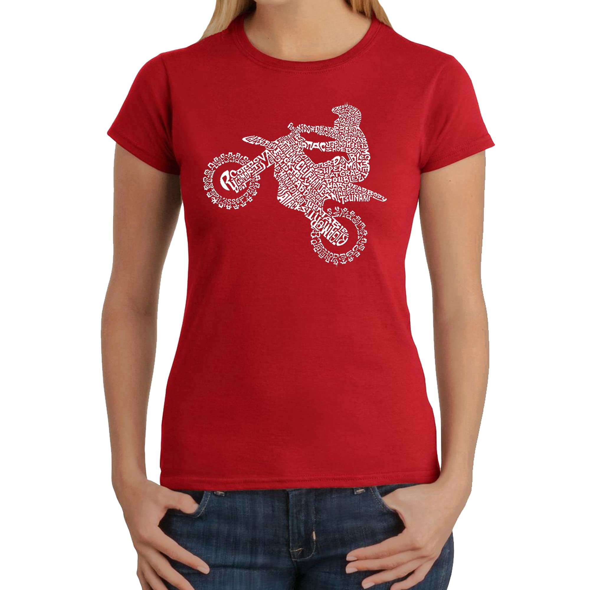 LA POP ART Women's Word Art T-Shirt - Freestyle Motocross FMX Graphic Tee - Casual Streetwear for Motocross Fans & Action Sports Enthusiasts