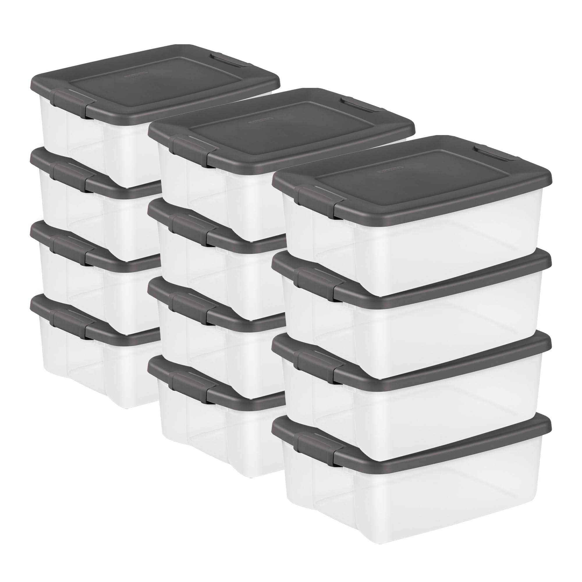 Sterilite 12-Pack 25 Qt Clear Plastic Storage Bins with Lids - Stackable Shelf Totes for Home Organization, Closet, Pantry & Office Supplies Storage - Durable Gray Containers