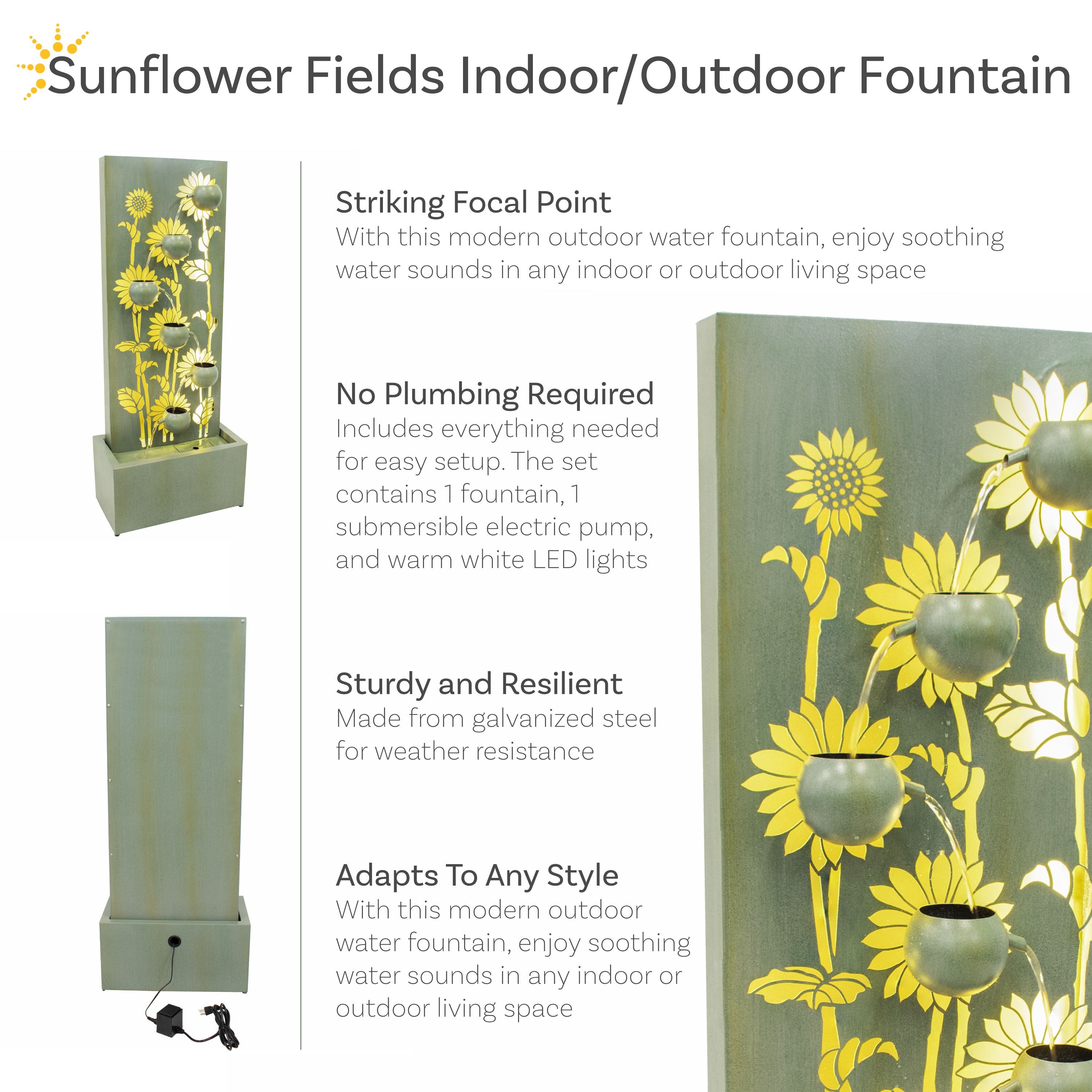 Sunnydaze Sunflower Fields Outdoor Water Fountain with LED Lights - 48.5