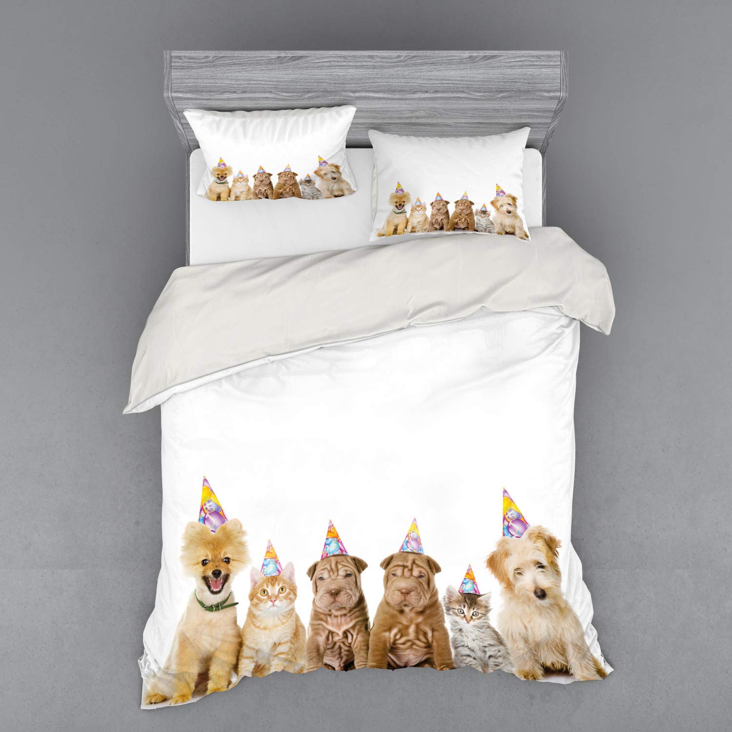 Ambesonne Birthday Party Duvet Cover Set - Fun Shelter Dogs & Terrier Cats with Cone Hats Print, 4-Piece Queen Size Bedding Set with Shams & Fitted Sheet, Vibrant Multicolor | Perfect for Birthday Celebrations, Themed Bedrooms & Unique Gift Ideas