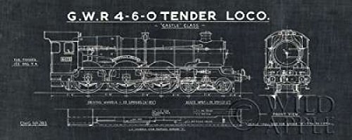 Wild Apple Portfolio Train Blueprint III Black Poster Print - 24x48 Inches - Vintage Train Design Wall Art for Home, Office & Classroom Decor