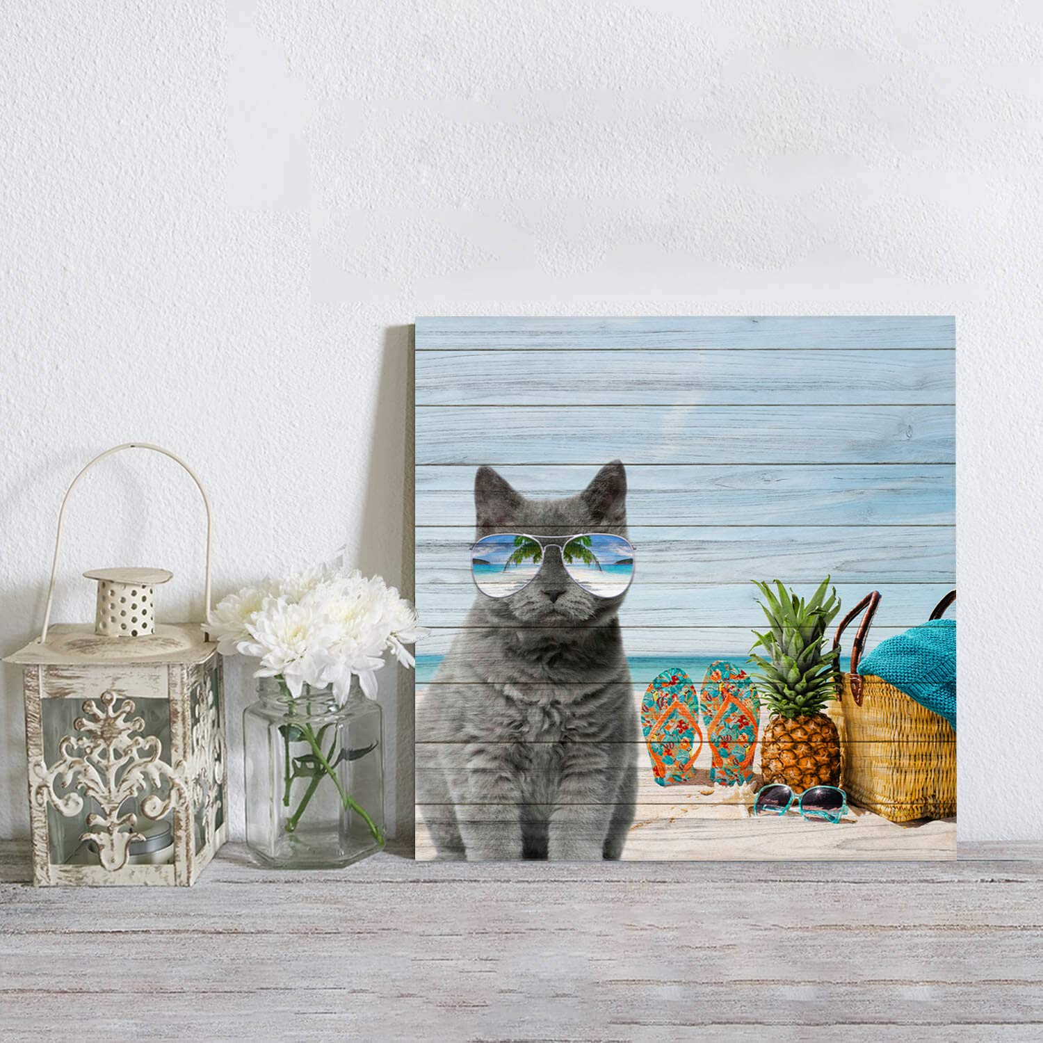 20x20in Square Canvas Wall Art - Beach Sea Life Cat with Sunglasses & Pineapple Oil Painting for Bedroom, Living Room Home Decor | Perfect for Coastal, Tropical & Modern Interior Design