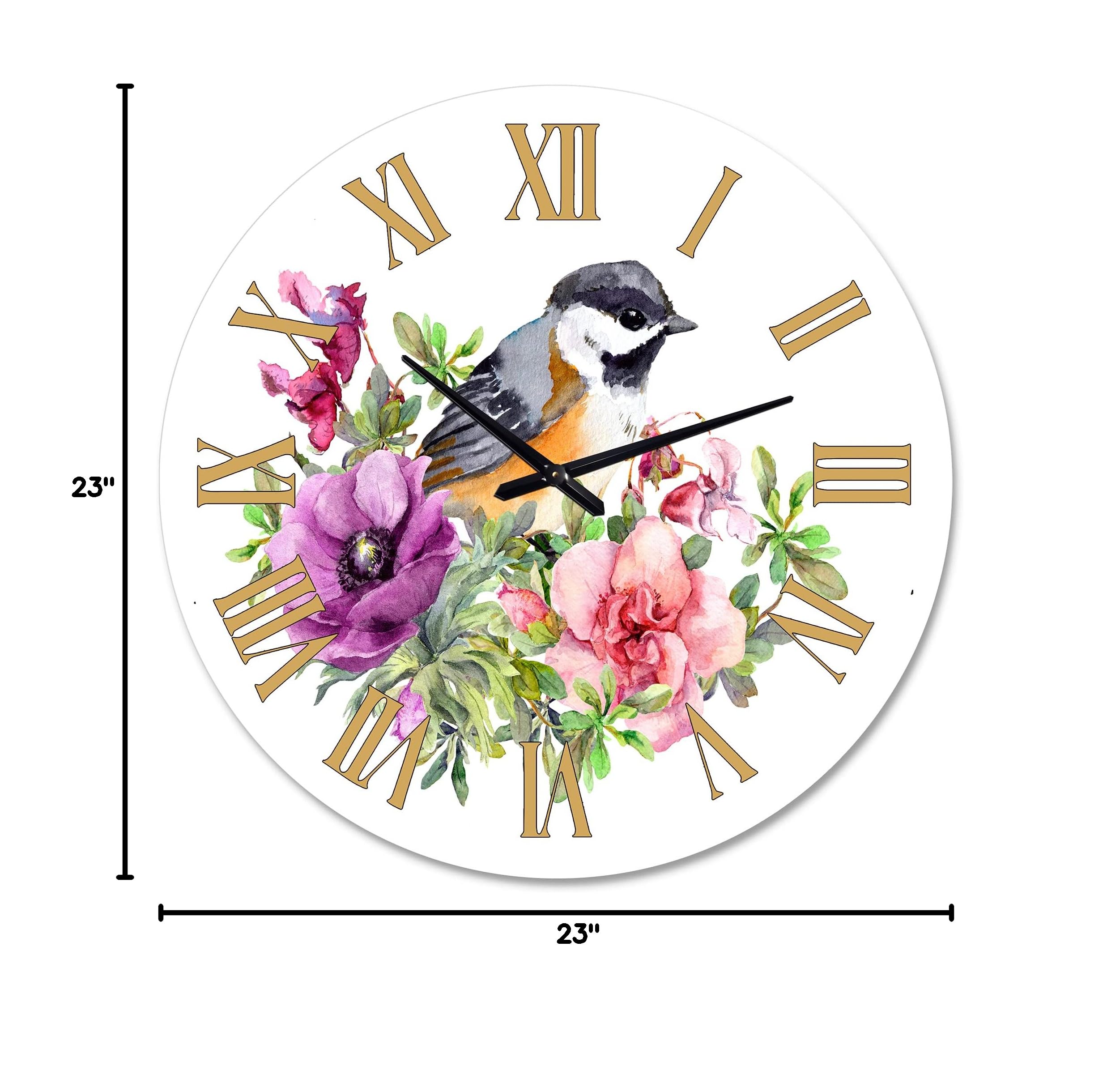 DesignQ Traditional Wall Clock - Cute Bird in Pink & Purple Flowers, Large Animal-Themed Wall Clock for Living Room, Bedroom & Office Decor | Perfect for Home, Office & Gift Giving