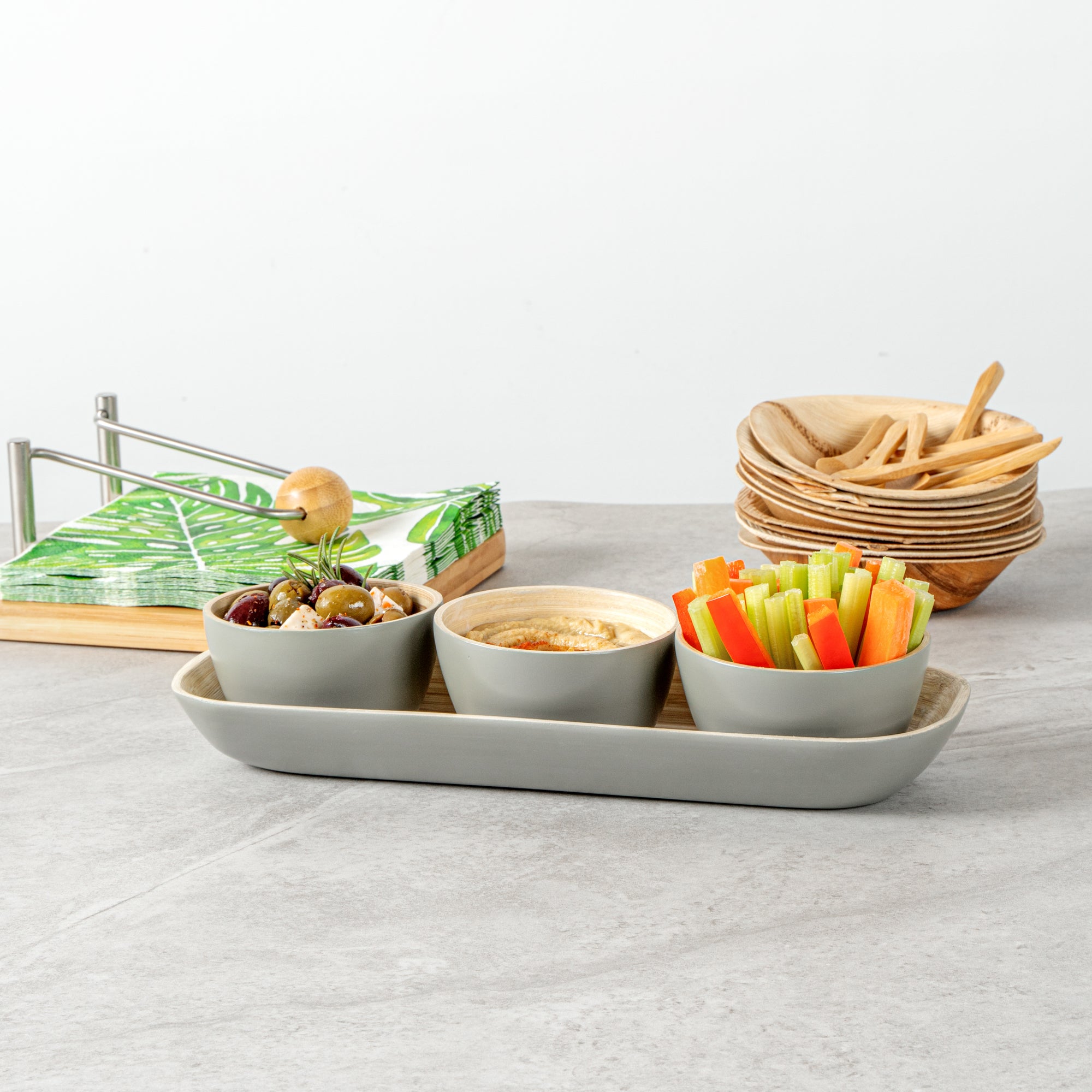 Eco-Friendly Bamboo Bowl Set with Tray - 3 Gray Bamboo Bowls (11.75