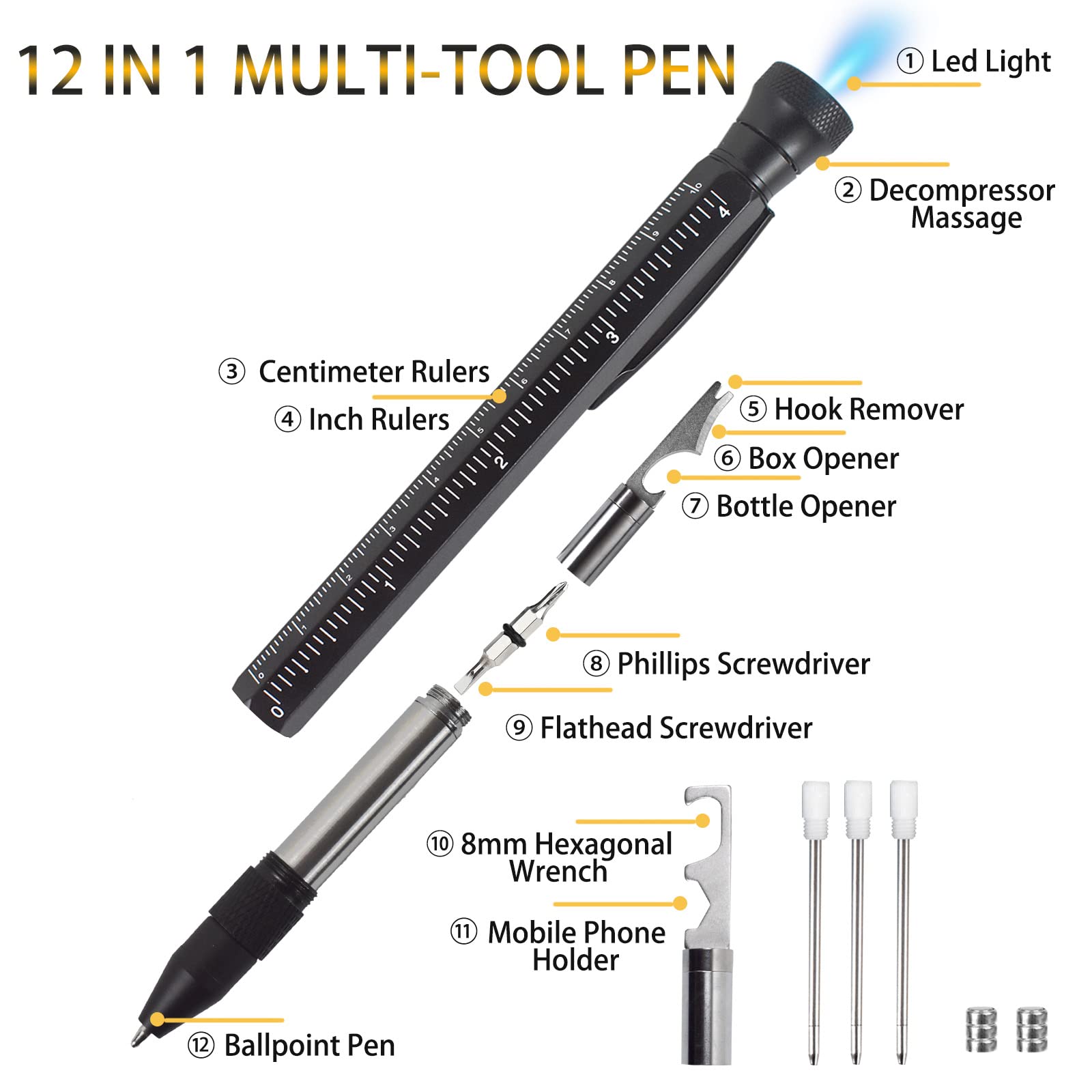 12-in-1 Multitool Pen with Stress Relief Feature - Perfect Father's Day, Birthday & Christmas Gift for Men (Dad, Husband, Grandpa) - Unique Gadget Tool for Everyday Carry, Office Use & Outdoor Activities