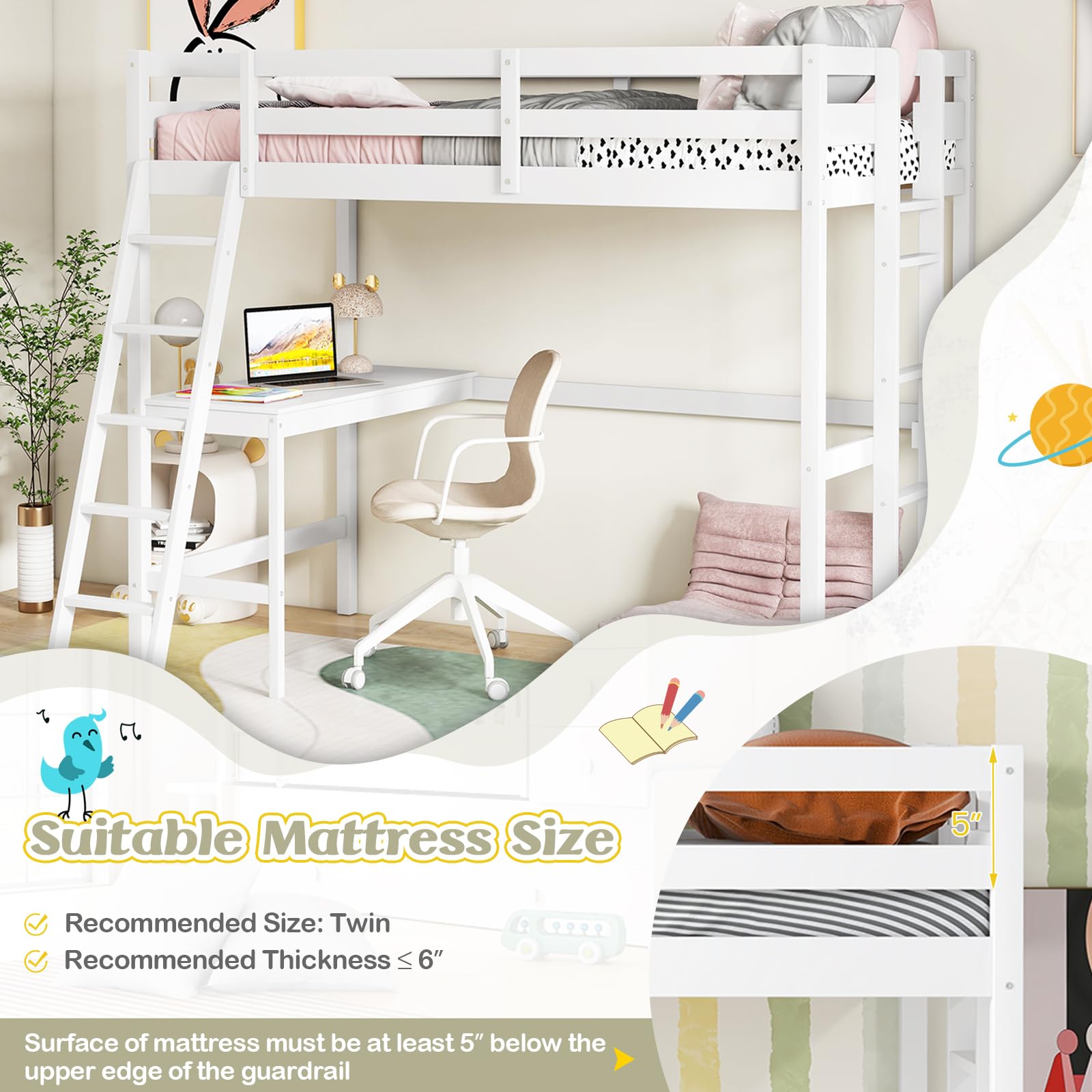 **KOMFOTT Twin Loft Bed with Desk - Solid Wood Loft Bed Frame for Teens & Adults - Space-Saving Bunk Bed with 2 Ladders & Safety Guardrail - No Box Spring Needed - Sturdy Wooden Slats Support (White) - Perfect for Small Bedrooms, Dorms, and Studio Apartments**