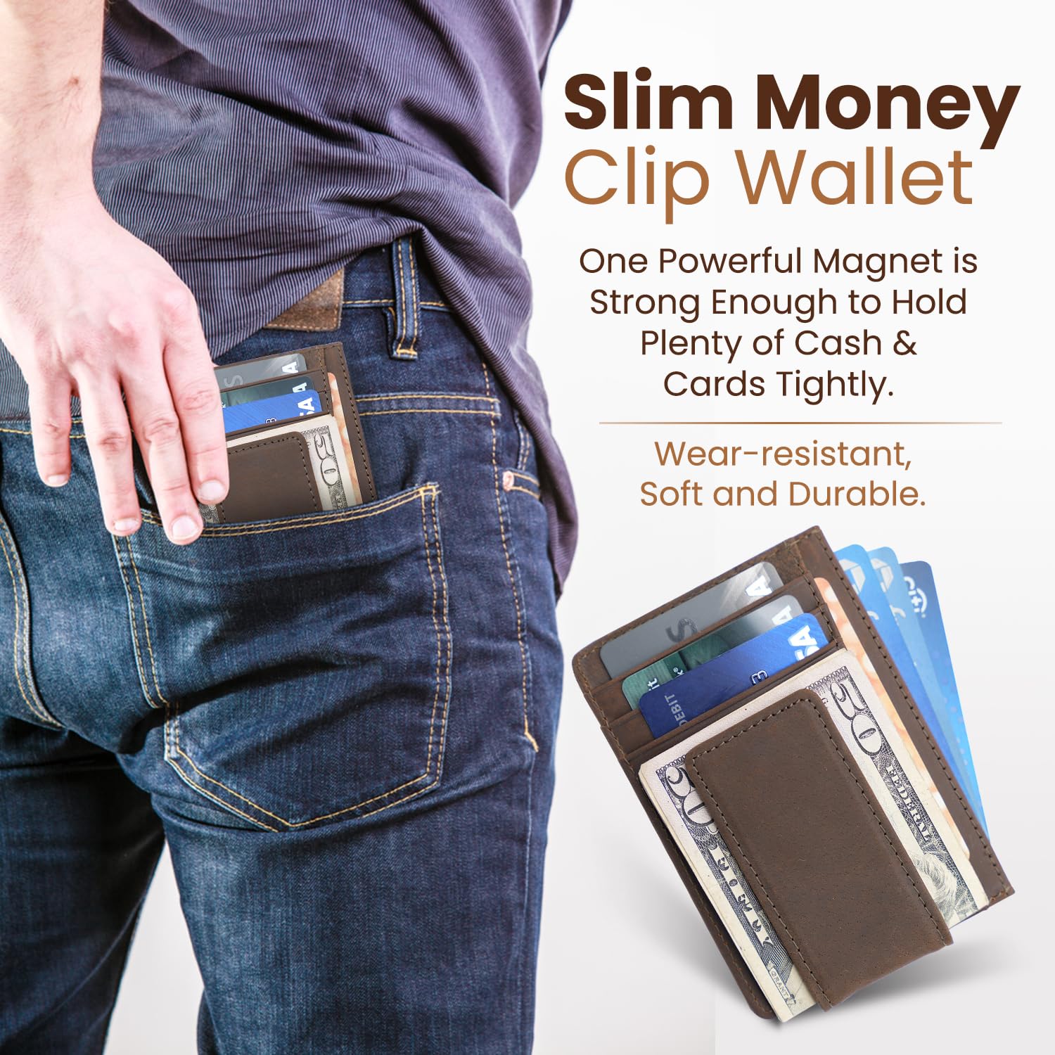 Personalized Leather Magnetic Money Clip Wallet for Men - RFID Blocking Credit Card Holder with ID Window & Strong Magnetic Clip - Laser Engraved Minimalist Wallet (Dark Brown) - Perfect Gift for Business Travel & Everyday Carry