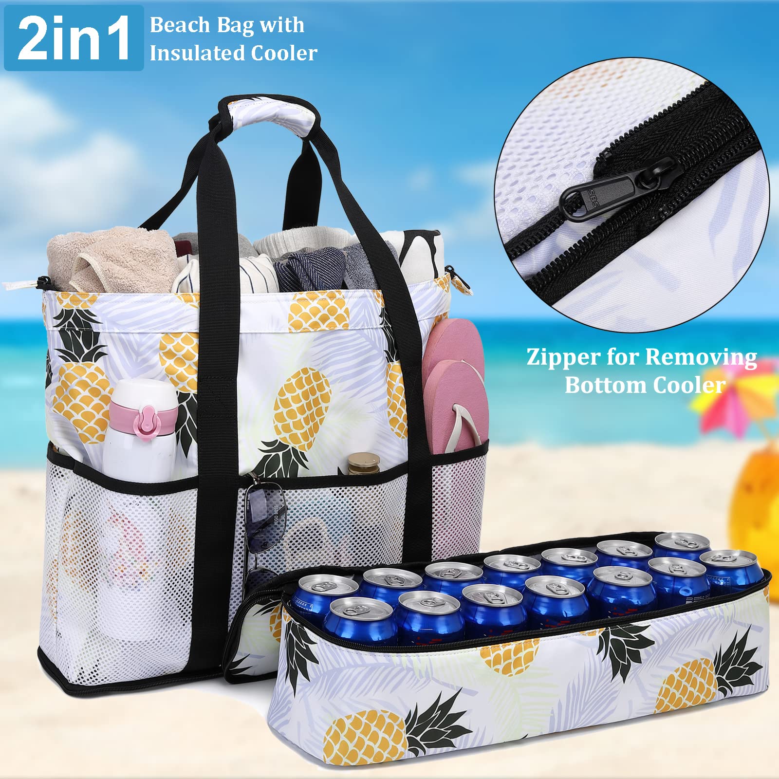 Waterproof Sandproof Beach Tote Bag for Women - Large Cooler Tote with Zipper for Pool & Travel