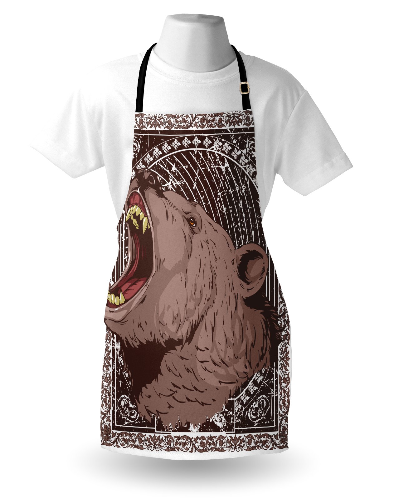 Ambesonne Animal Print Apron - Grizzly Bear Head Design with Sharp Teeth - Adjustable Neck Unisex Kitchen Bib for Cooking, Baking & Grilling - Perfect for BBQ, Gardening & Outdoor Activities - Adult Size White & Brown Apron