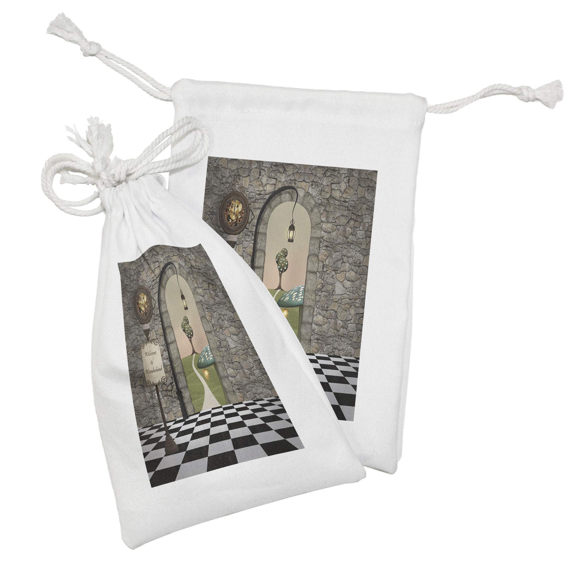 Ambesonne Alice in Wonderland Fabric Pouch Set of 2 - Black & White Mushroom Print Drawstring Bags (9