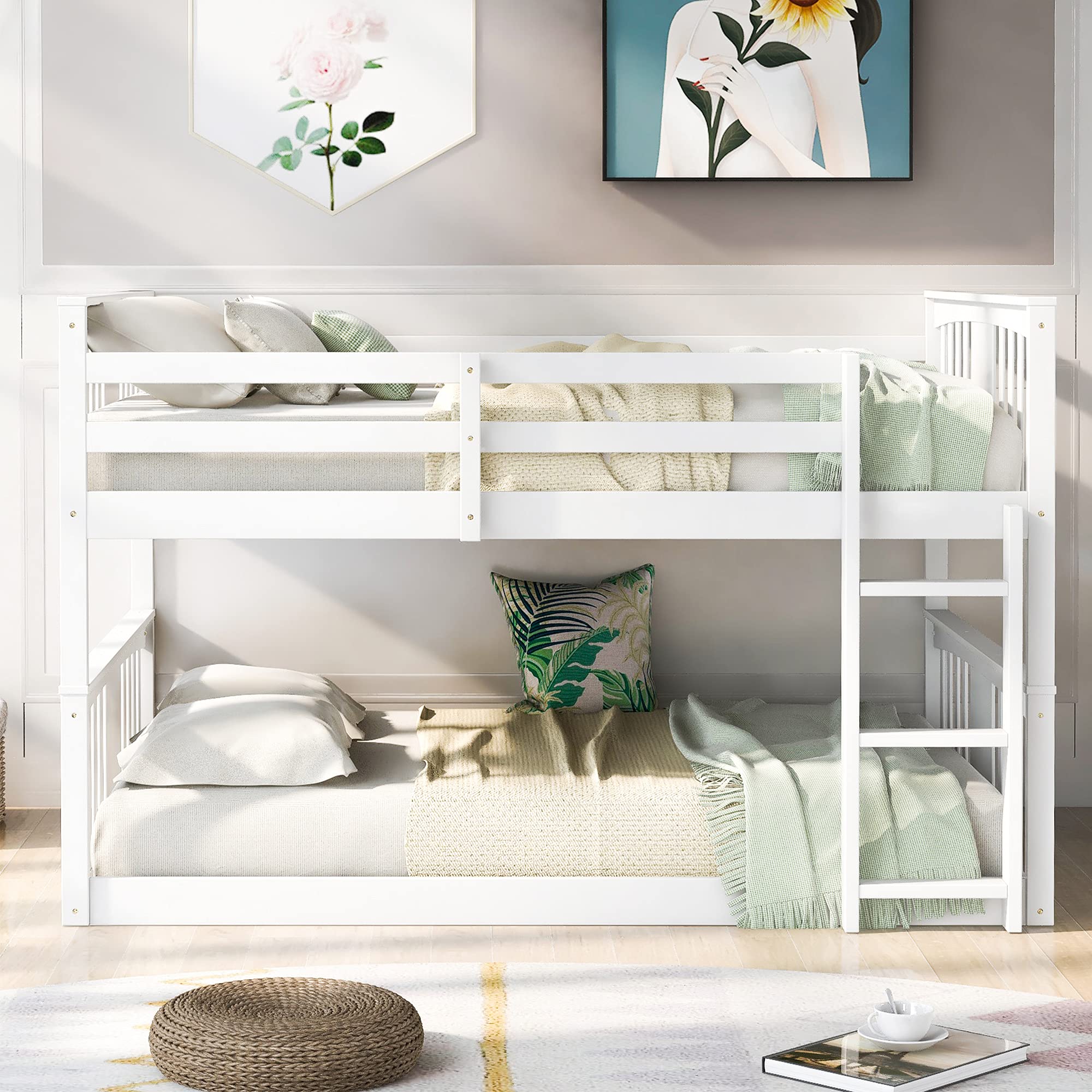 Full Over Full Low Bunk Bed for Toddlers & Kids - Sturdy Wooden Bunk Bed for Boys & Girls - White Kids' Bunk Bed - Perfect for Small Bedrooms, Shared Kids' Rooms & Sleepovers