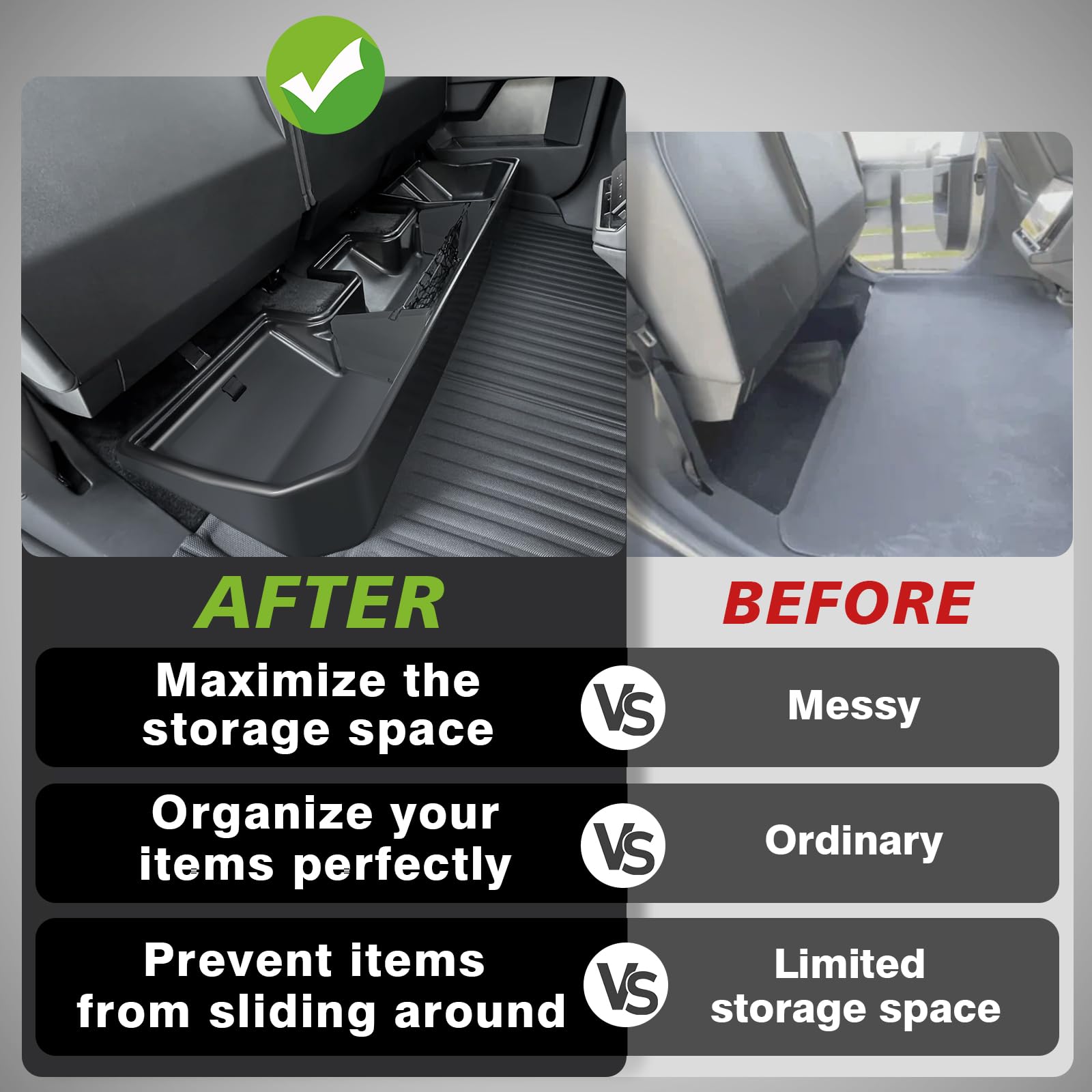 BestEvMod Tesla Cybertruck 2024+ Rear Underseat Storage Organizer - Removable Hidden Storage Box & Tray for Second Row | Perfect for Road Trips, Camping & Vehicle Organization