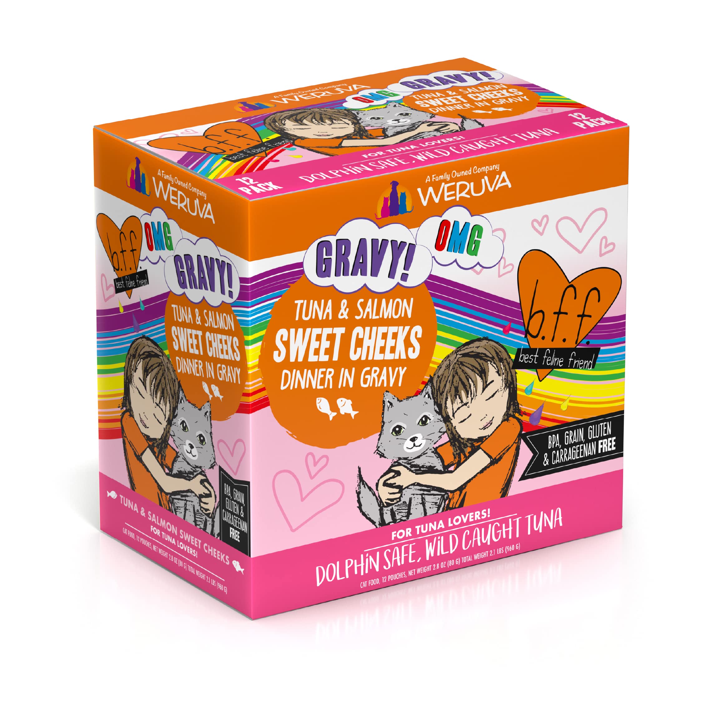 Weruva B.F.F. OMG Tuna & Salmon in Gravy Wet Cat Food - Grain-Free, High Protein, Natural Ingredients for Adult Cats - 3oz Pouch (Pack of 12) - Perfect for Mealtime, Travel & Treats