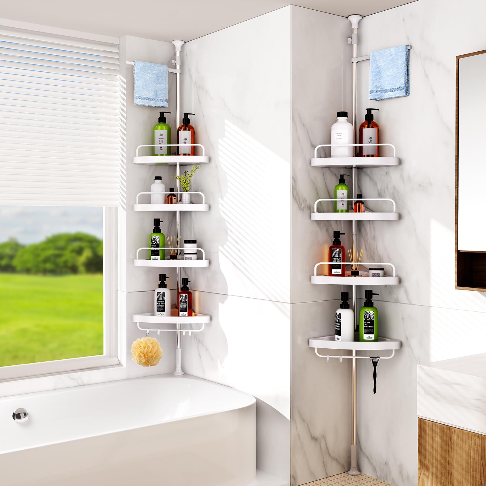 Adjustable Stainless Steel Corner Shower Tension Pole - 4 Tier Bathroom Shelf Organizer for Shampoo, Soap & Towels | Space Saving Shower Storage Solution for Small Bathrooms