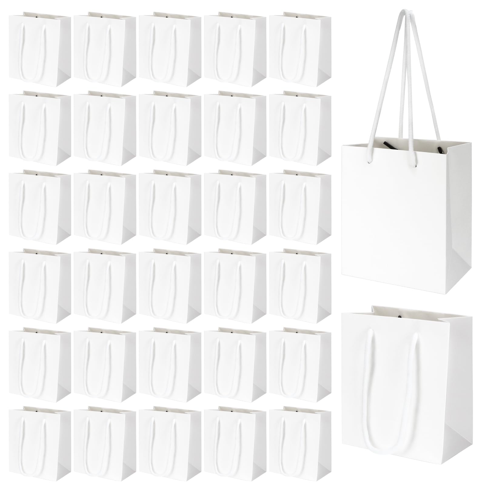 Rcybeo 50 Pack 4x2.4x4.6 Inches Mini Gift Bags with Handles - Small Party Favor Bags for Birthday, Wedding, Baby Shower, Graduation, Holidays - Premium White Gift Wrap Paper Bags for Celebrations & Special Occasions