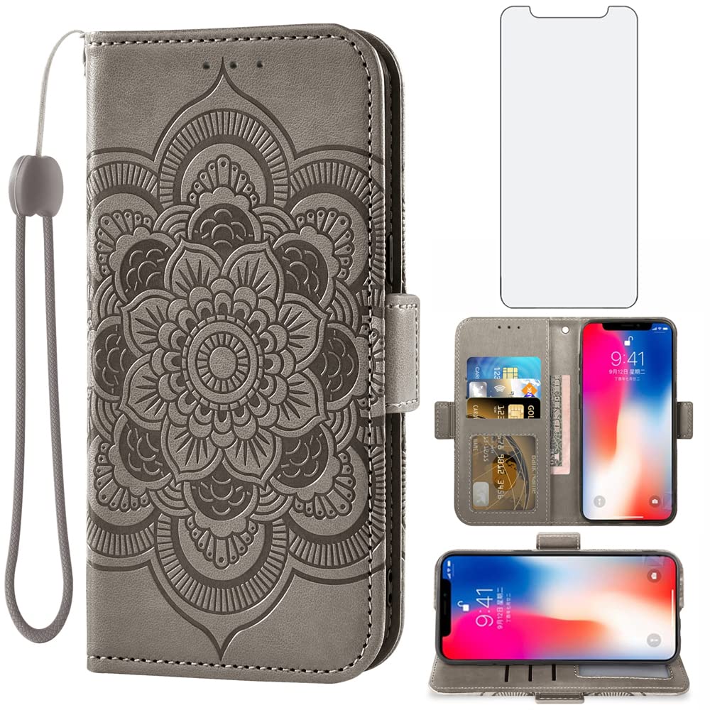 ASUWISH iPhone Xs Max Wallet Case with Tempered Glass Screen Protector - Flip Cover Credit Card Holder for iPhone X/XS/XR/XS Max/10/10S/10 Plus (Gray) - Stylish & Protective Phone Case for Men & Women - Perfect for Daily Use, Travel & Business