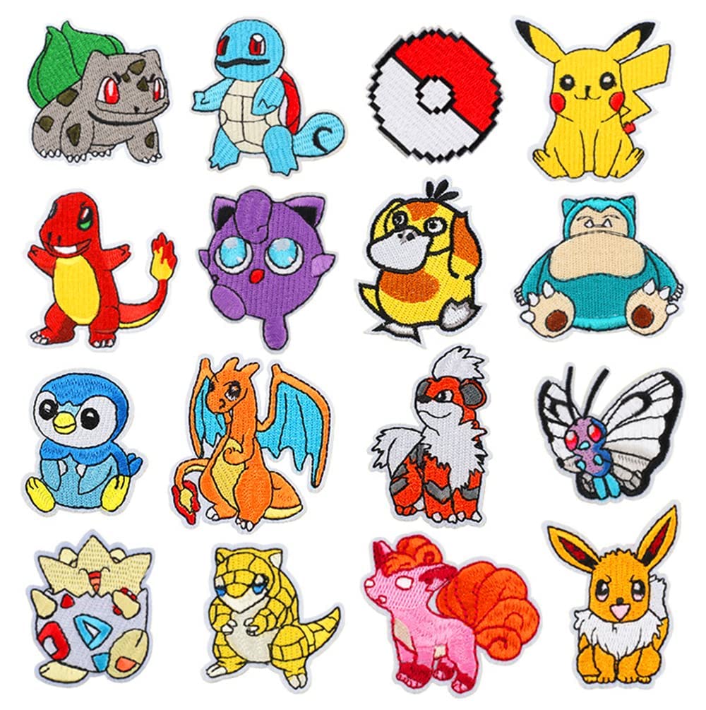 OENYY 16PCS Anime Pikachu Embroidered Patches - Iron On & Sew On Decorative Appliqués for Kids Clothing, Jackets, Shirts & Backpacks - Perfect for DIY Crafts, Costume Design & Fashion Customization