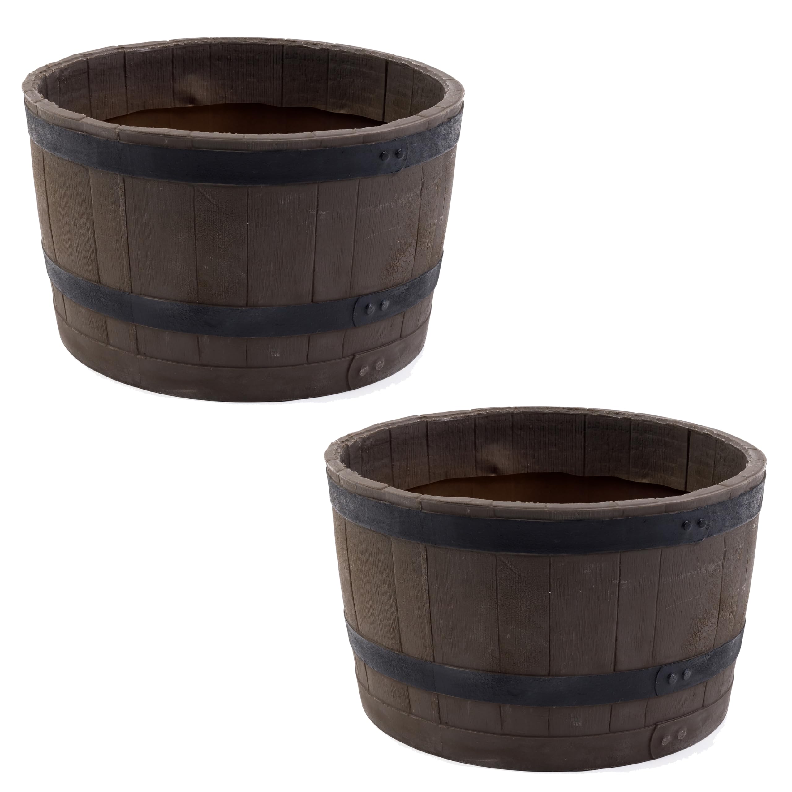 Premium Polyethylene Whiskey Barrel Planters for Indoor/Outdoor Decor - Wood Grain Finish with Black Stripes (Set of 2) - Perfect for Patio, Garden, Balcony & Home Décor