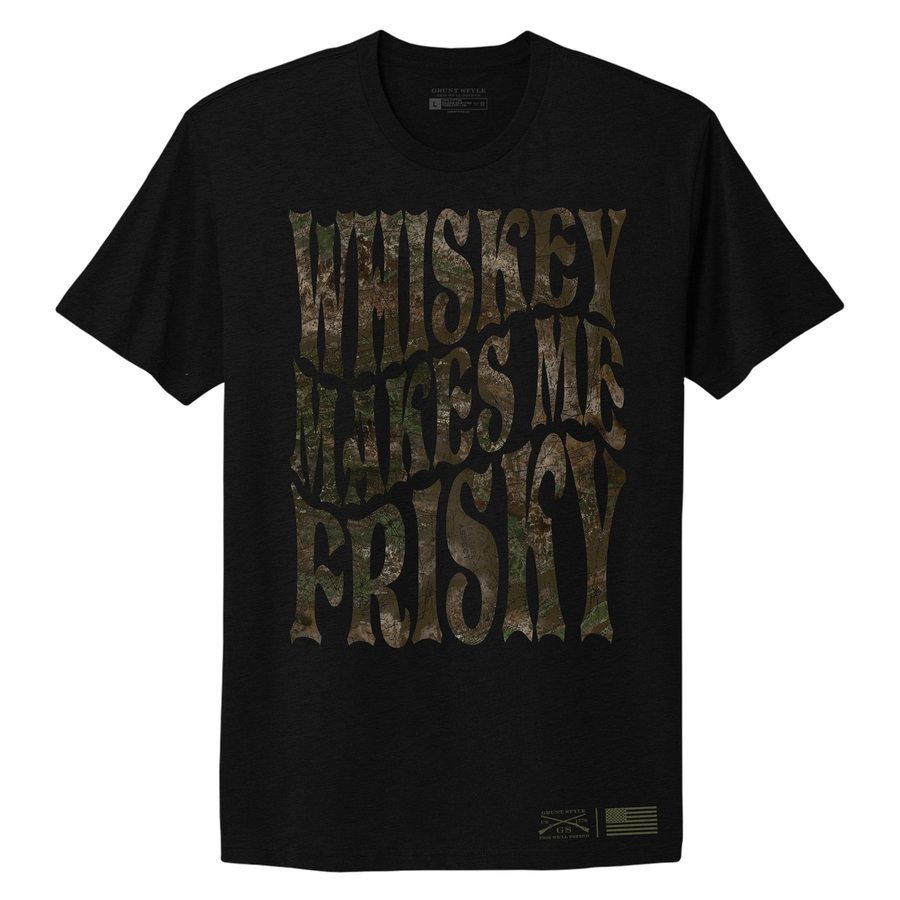 Women's Whiskey Makes Me Frisky Boyfriend Fit T-Shirt | Realtree Riverbend Design | Casual Outing & Party Wear