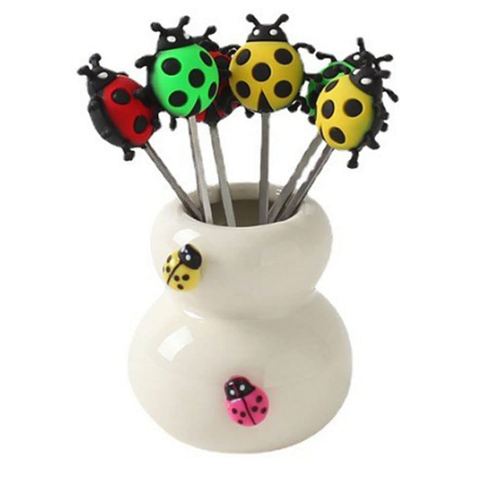 6pcs Kids Fruit Forks with Ceramic Holder - Cute Ladybug Design - Safe Snack Utensils for Children's Parties, Picnics & Family Gatherings