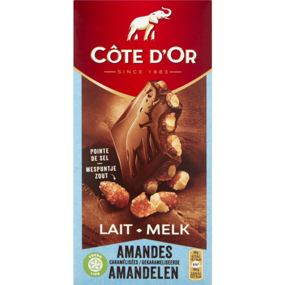 Premium Côte D'Or Belgian Milk Chocolate with Caramelized Almonds - 6.3oz (178g) - Gourmet Chocolate Bars for Gifting, Dessert Toppings & Snacking