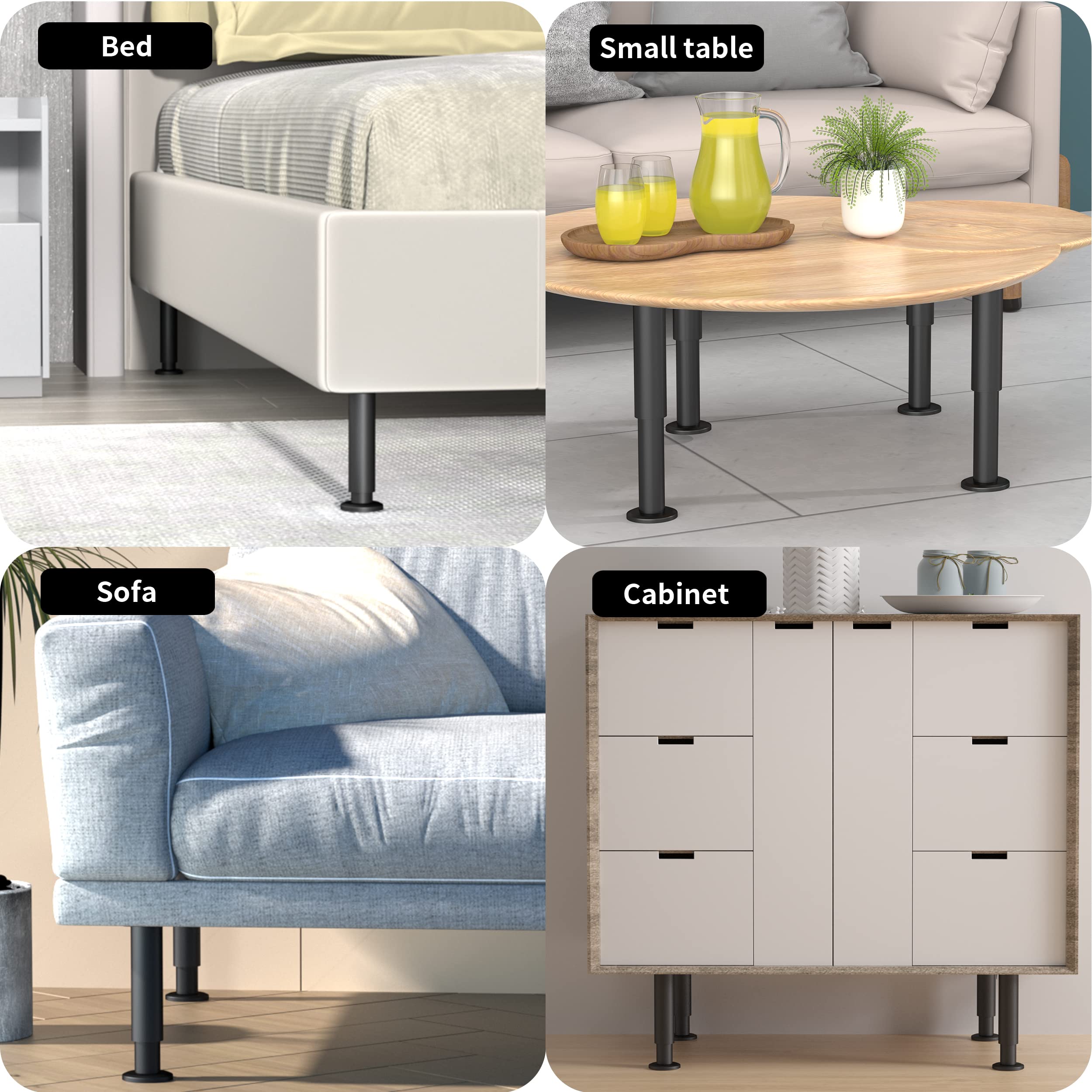 4 Pcs Adjustable Height Bed Support Legs 7.08-12.2 Inch - Heavy Duty Metal Furniture Legs for Bed Frame, Sofa, Cabinet, Couch, Dresser & Table - Perfect for Bed Center Slat Replacement & Home Furniture Support