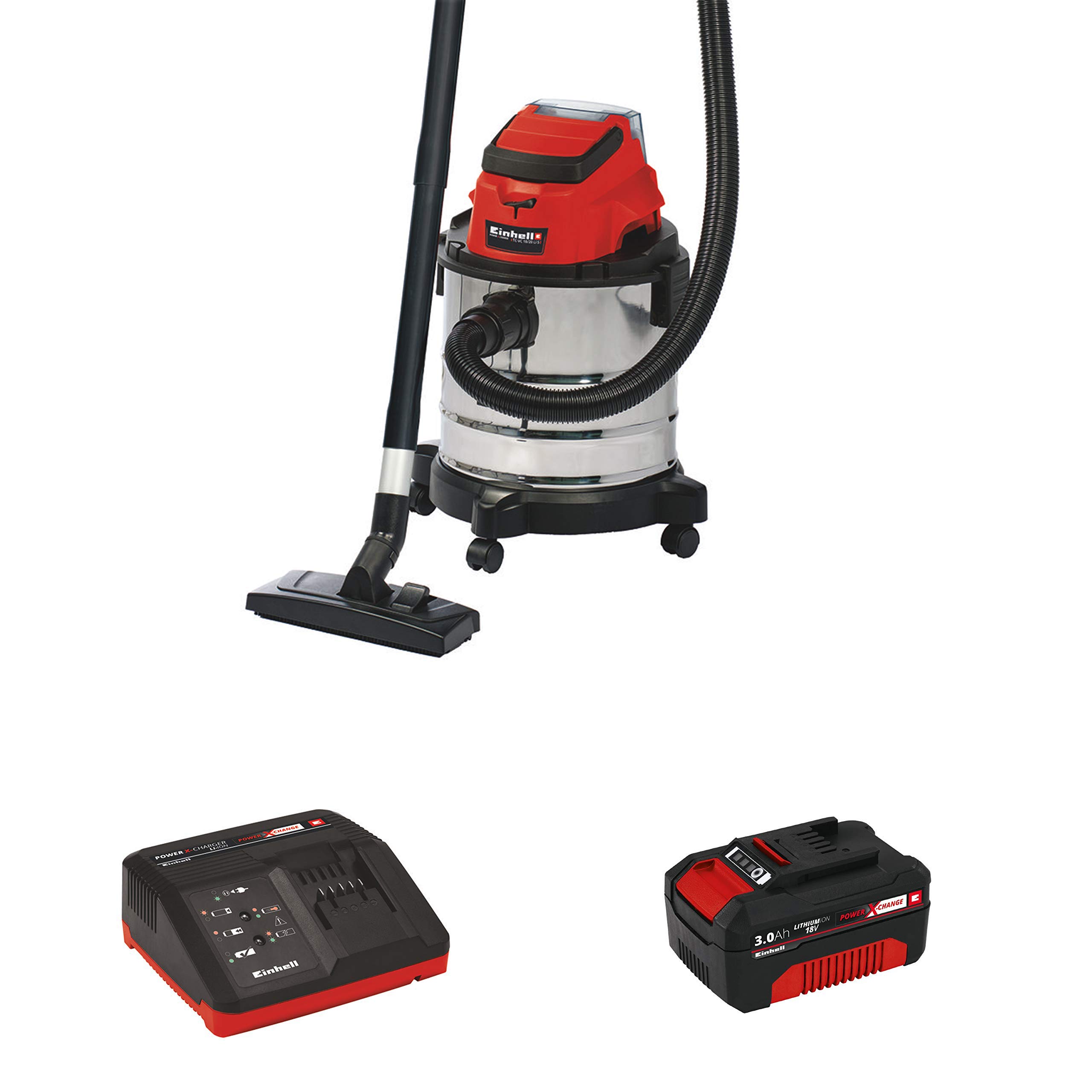 Einhell TC-VC 18V Cordless Vacuum Cleaner with Stainless Steel Tank, 3.0Ah Battery & Fast Charger - Perfect for Home, Garage, and Workshop Cleaning