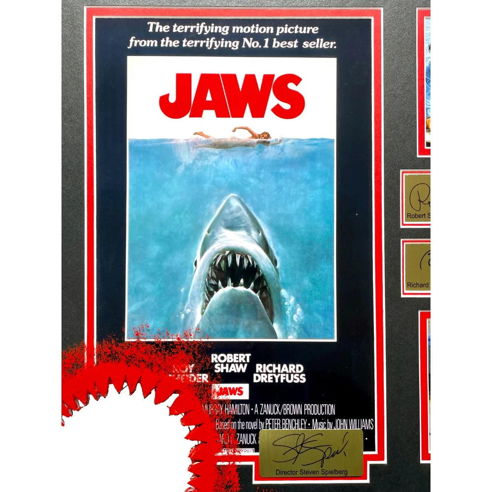 Jaws Bloody Shark Bite Framed Movie Poster - Authentic Facsimile Cast Signed Collage Photo - Perfect for Horror Movie Fans & Home Theater Decor