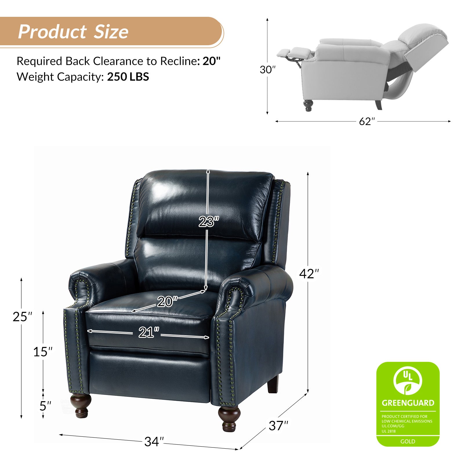 Mid Century Modern Genuine Leather Recliner Chair - Consuela Handcrafted Lounge Chair for Living Room, Office & Home Theater