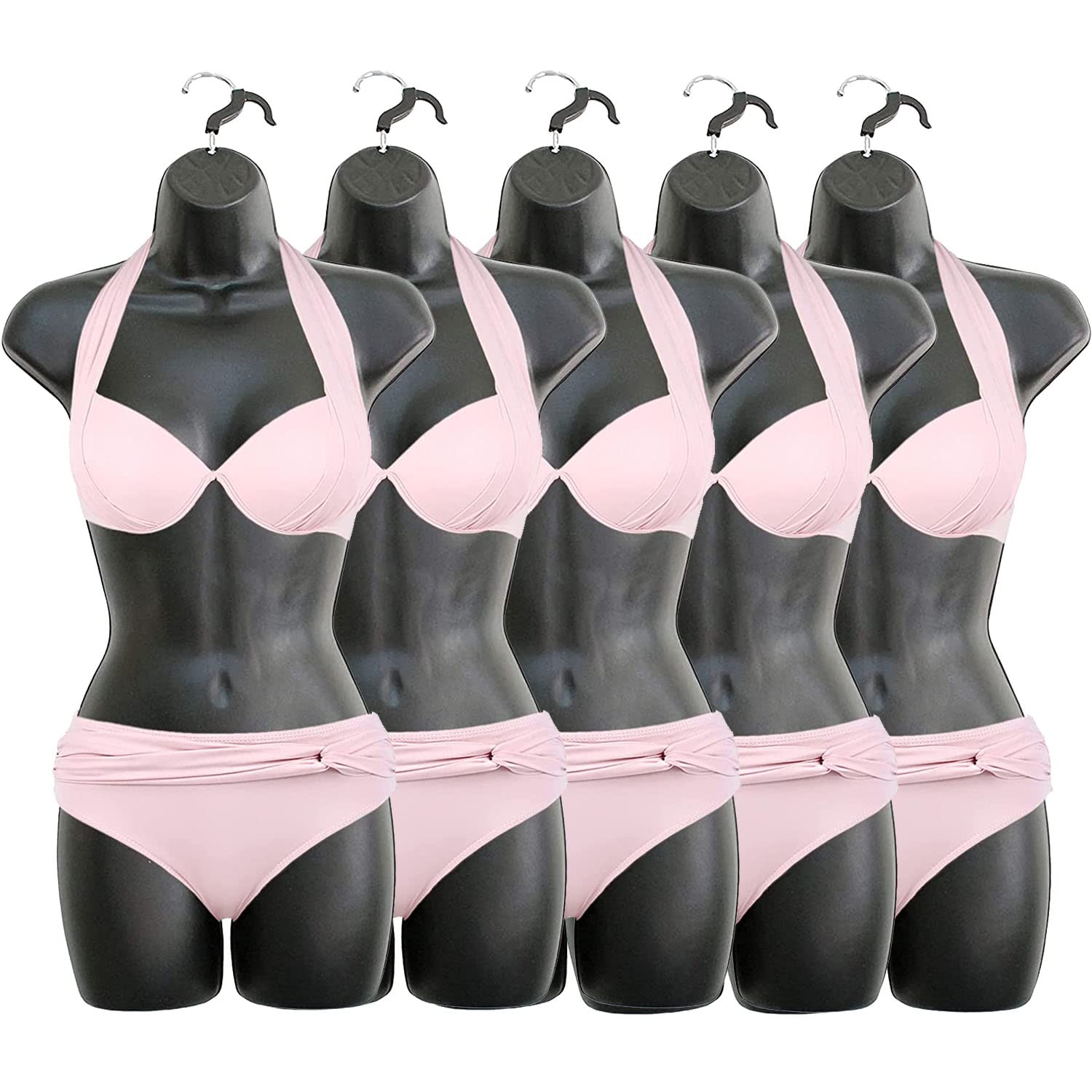 DisplayTown Stackable Female Mannequin - Hollow Back Long Torso Dress Form with Hanging Hook (Black, Set of 5) | Perfect for T-Shirt Display, Boutique Countertops, Craft Shows, Fashion Photography & Design | Fits S-M Clothing Sizes