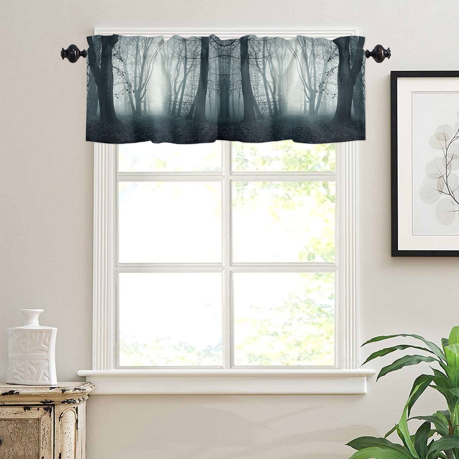Gothic Forest Window Curtains - 54 x 18 Inch Blackout Panel Drapes for Bedroom, Living Room & Small Windows | Machine Washable Kitchen Valance with Rod Pocket | Halloween & Gothic Home Decor for Foggy Path Themed Rooms