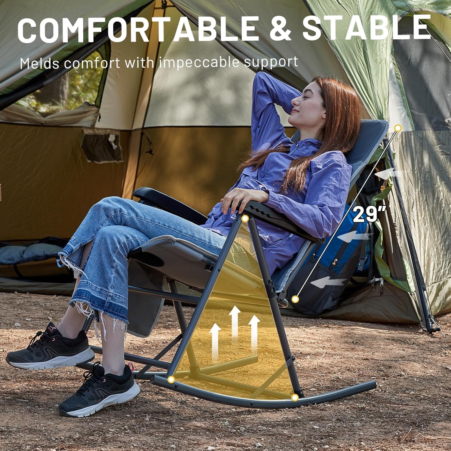 TIMBER RIDGE Adjustable Rocking Camping Chair - Padded High Back Outdoor Rocker with Side Pocket, Portable Folding Chair for Adults Supports 300 lbs - Perfect for Lawn, Patio, Porch, Beach & Backyard Relaxation (Grey, 1 Pack)