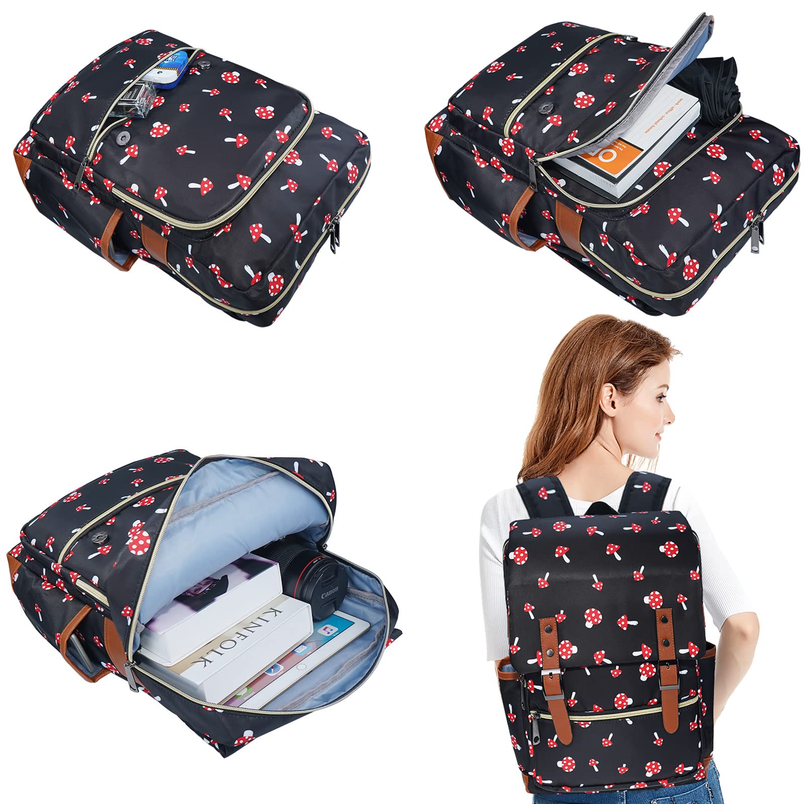 MCWTH Stylish Mushroom Print Backpack for Girls & Women - 15.6 Inch Laptop School Backpack, College Bookbag for Travel, Work & Daily Use | Perfect for School, Office & Commuting