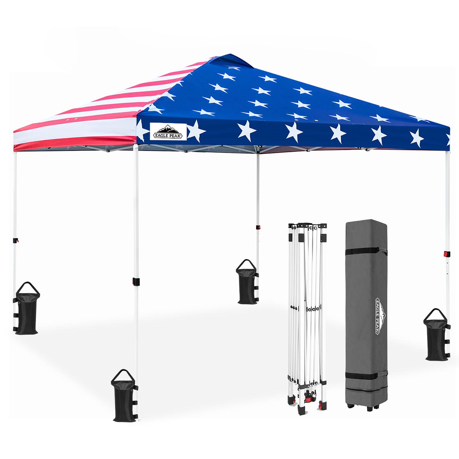 EAGLE PEAK 10x10 ft Pop Up Canopy Tent with Wheeled Carry Bag - Portable Instant Shelter with 8 Stakes, 4 Ropes & 4 Weight Bags - 100 sq ft Shade Coverage (American Flag Design) - Perfect for Backyard BBQs, Beach Outings, Camping & Outdoor Events
