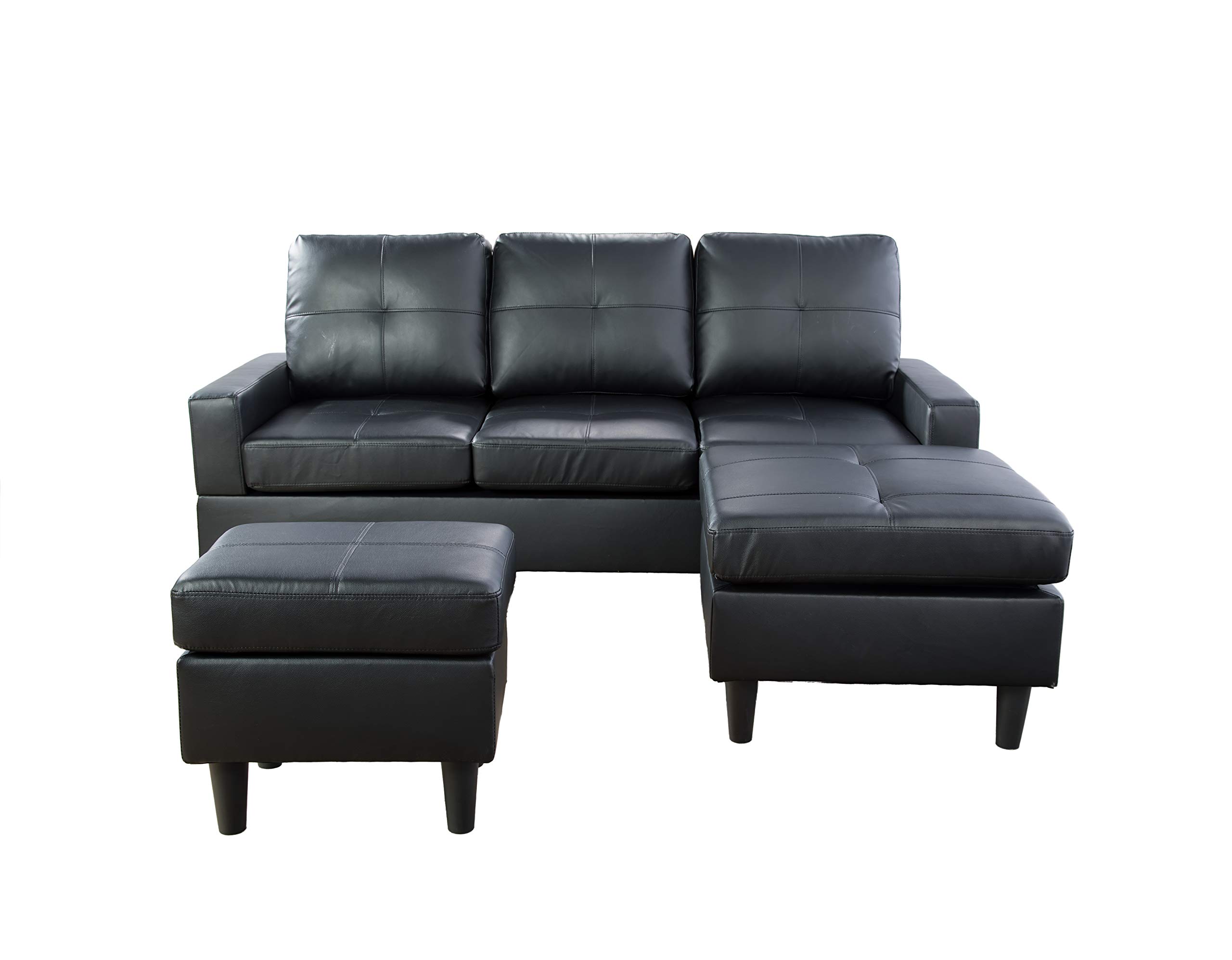 Modern Black Reversible Faux Leather Sectional Sofa with Storage Ottoman - Contemporary Living Room Furniture for Small Spaces, Apartments & Home Theater Seating