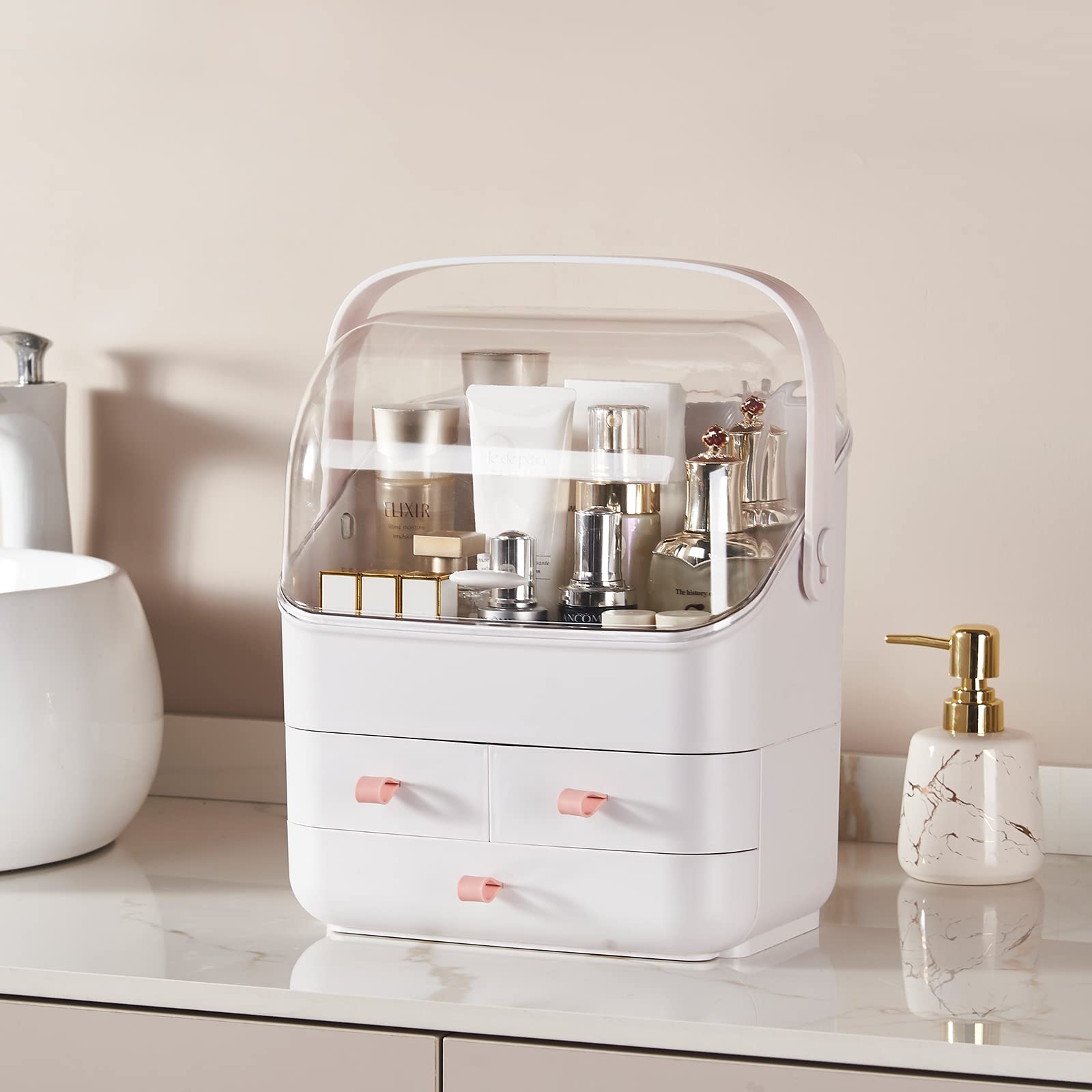 SUNFICON Makeup Organizer with Trays - Cosmetic Storage Box & Vanity Organizer Set for Makeup Brushes, Lipsticks, and Skincare | Perfect for Bathroom Countertops, Dressing Tables, and Travel